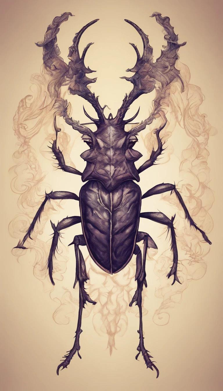 stag beetle fusion with dragon , in stle of drawing