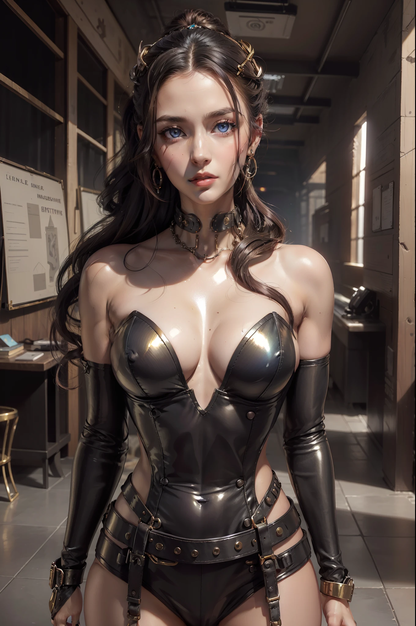 (1girl:1.3), looking at viewer, (steampunk suggestive clothes, Maven, Average Height, Toned, Round Face, Olive Skin, Brunette Hair, Blue Eyes, Wide Nose, Full Lips, Receding Chin, Long Hair, Straight Hair, Wavy Updo, soft sagging breasts, Threader earrings, golden, matte lipstick,steampunk metropolis),(masterpiece, best quality, detailed shiny skin:1.2), flawless, 8k, RAW, highres,absurdres,