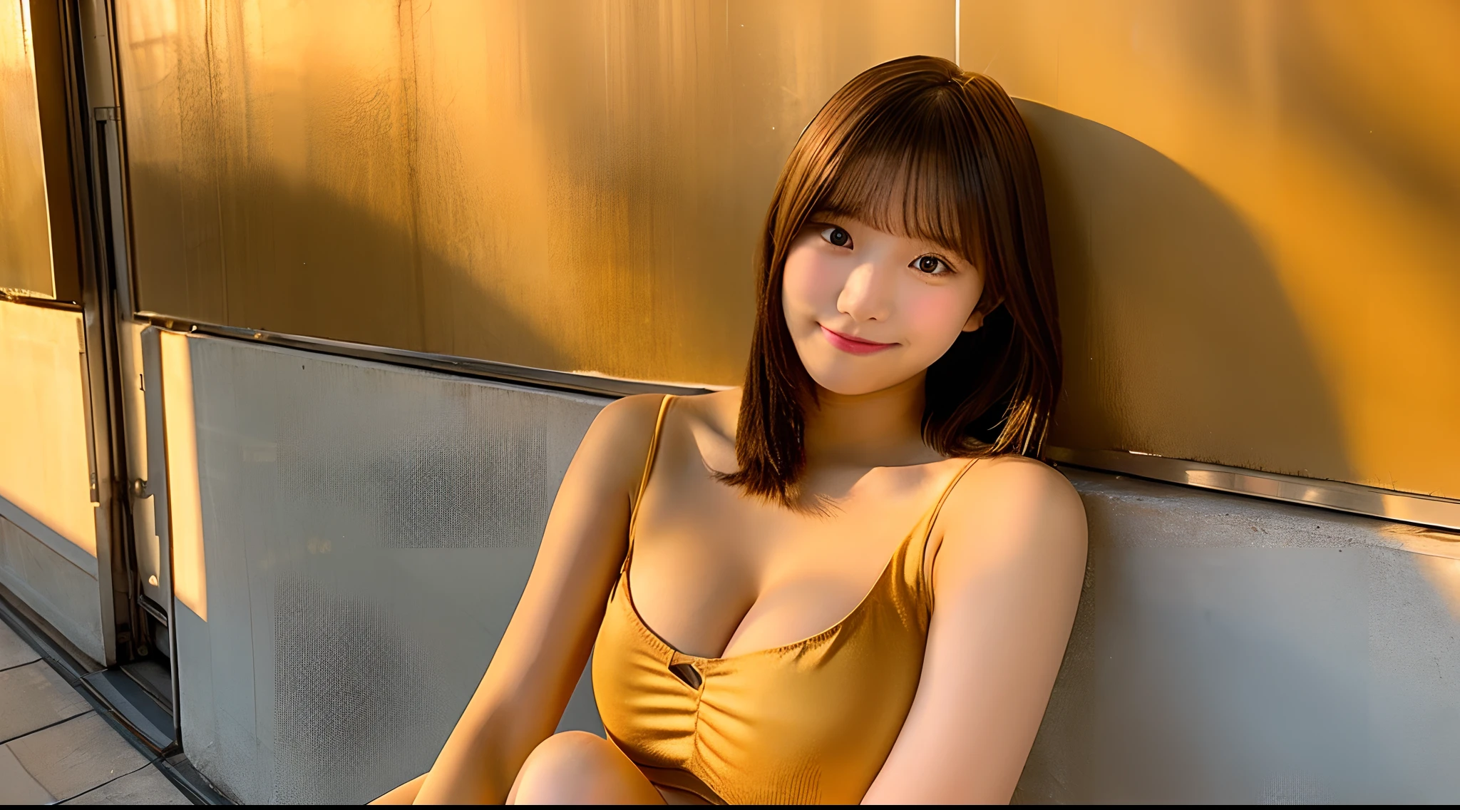 18-year-old cheergirl in a golden miniskirt(F Cup Breast)