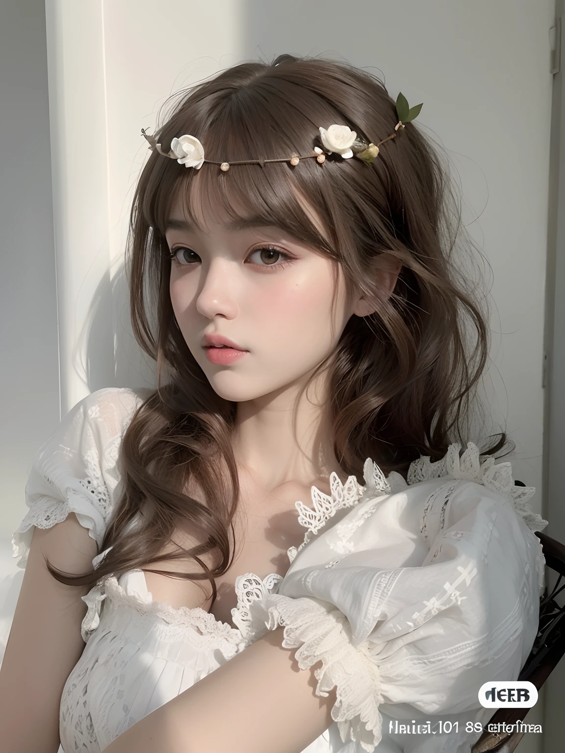 Mujer arafed con una corona de flores en la cabeza, ulzzang, Peinado blanco de corte hime, Sakimichan, corona de rosa, Ethereal Beauty, 🤤 girl portrait, Corona de flores blancas, corona de flores, Guweiz, pale milky white porcelain skin, Chica de la corona floral de loto, 19 year old girl, auburn hair with bangs, AuricularesAlta calidad