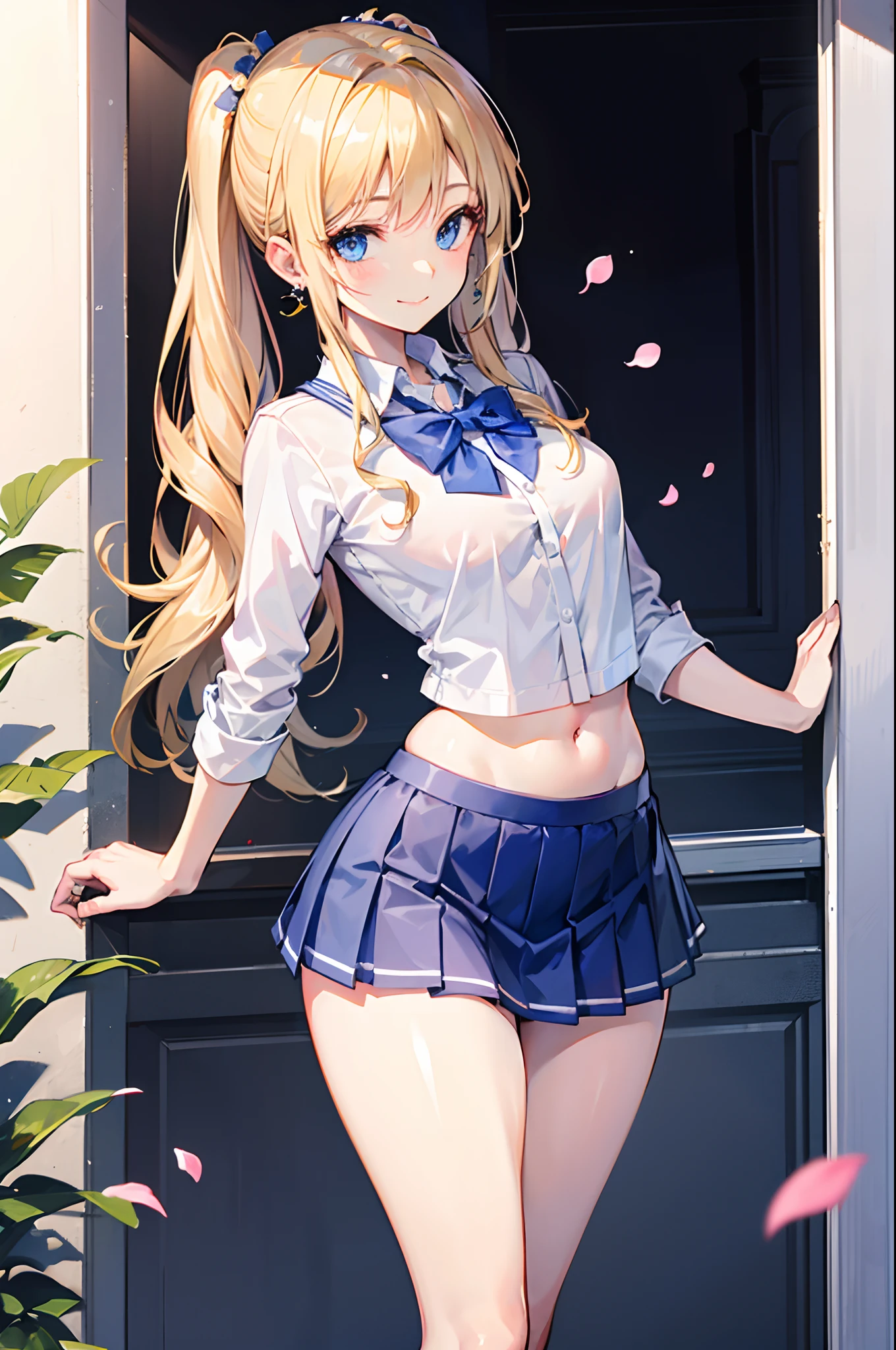 Realistic and detailed image of a girl dressed in school uniform and pleated mini skirt. She has long wavy blonde hair in pigtails. Blue eyes. She has earrings, long eyelashes. she has small breasts, slim waist, wide hips and thick thighs. smiling, pleased face. arched back. She is in a high school hallway next to a garden with flower petals falling around her.