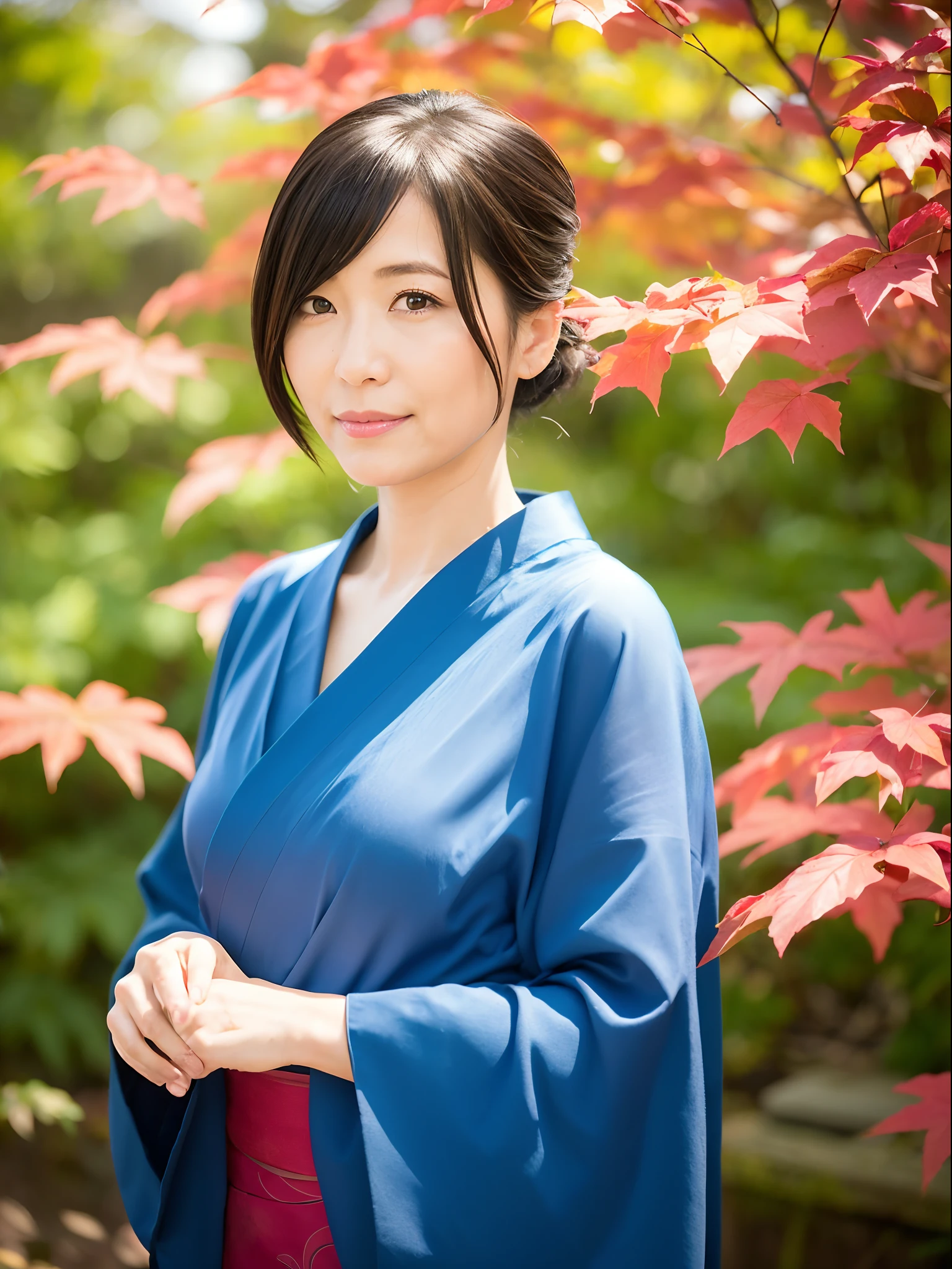 Female in her 40s、Wear a clean Japan kimono、Hair is up、autumn leaves in background