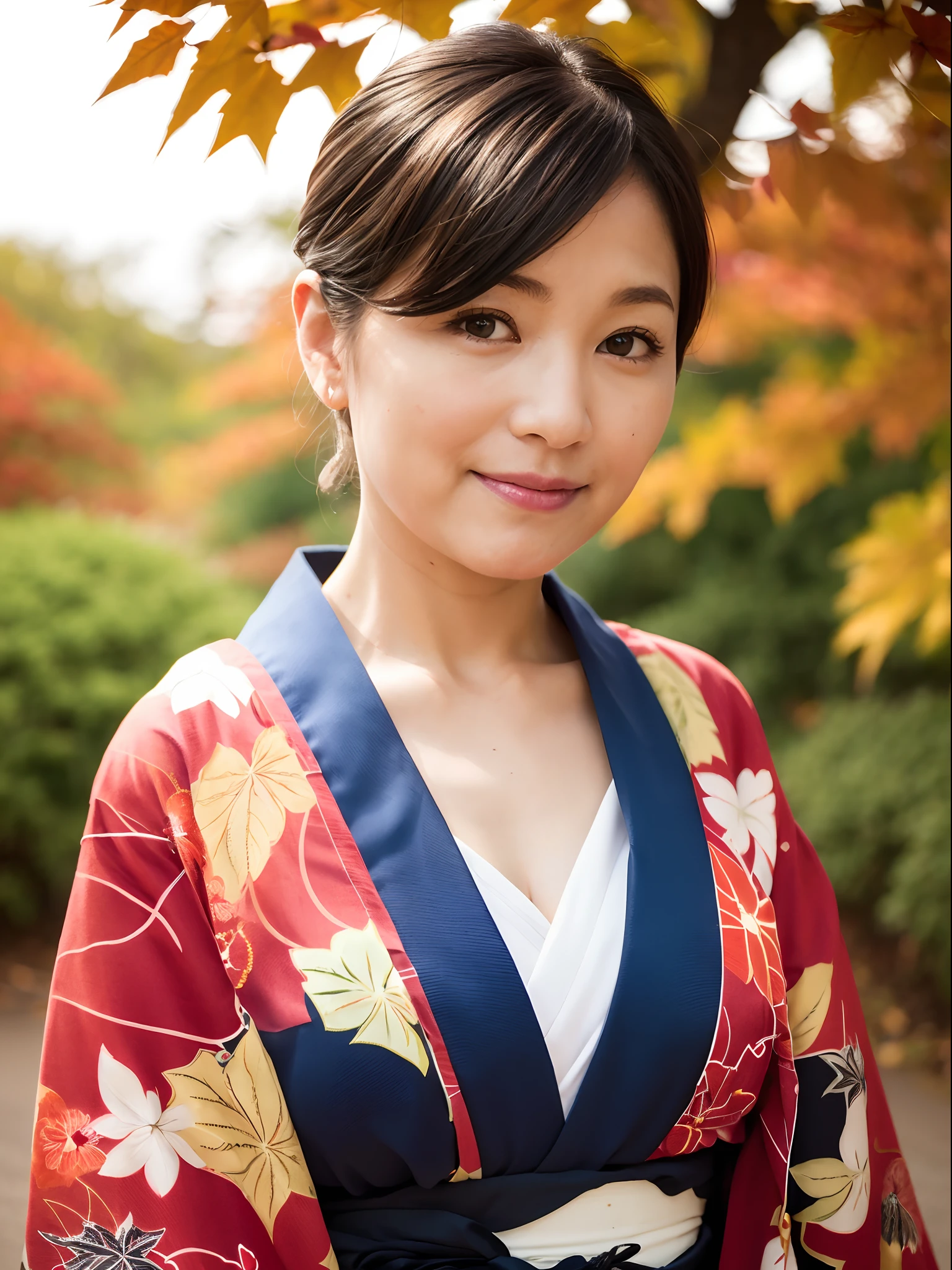 Female in her 40s、Wear a clean Japan kimono、Hair is up、autumn leaves in background