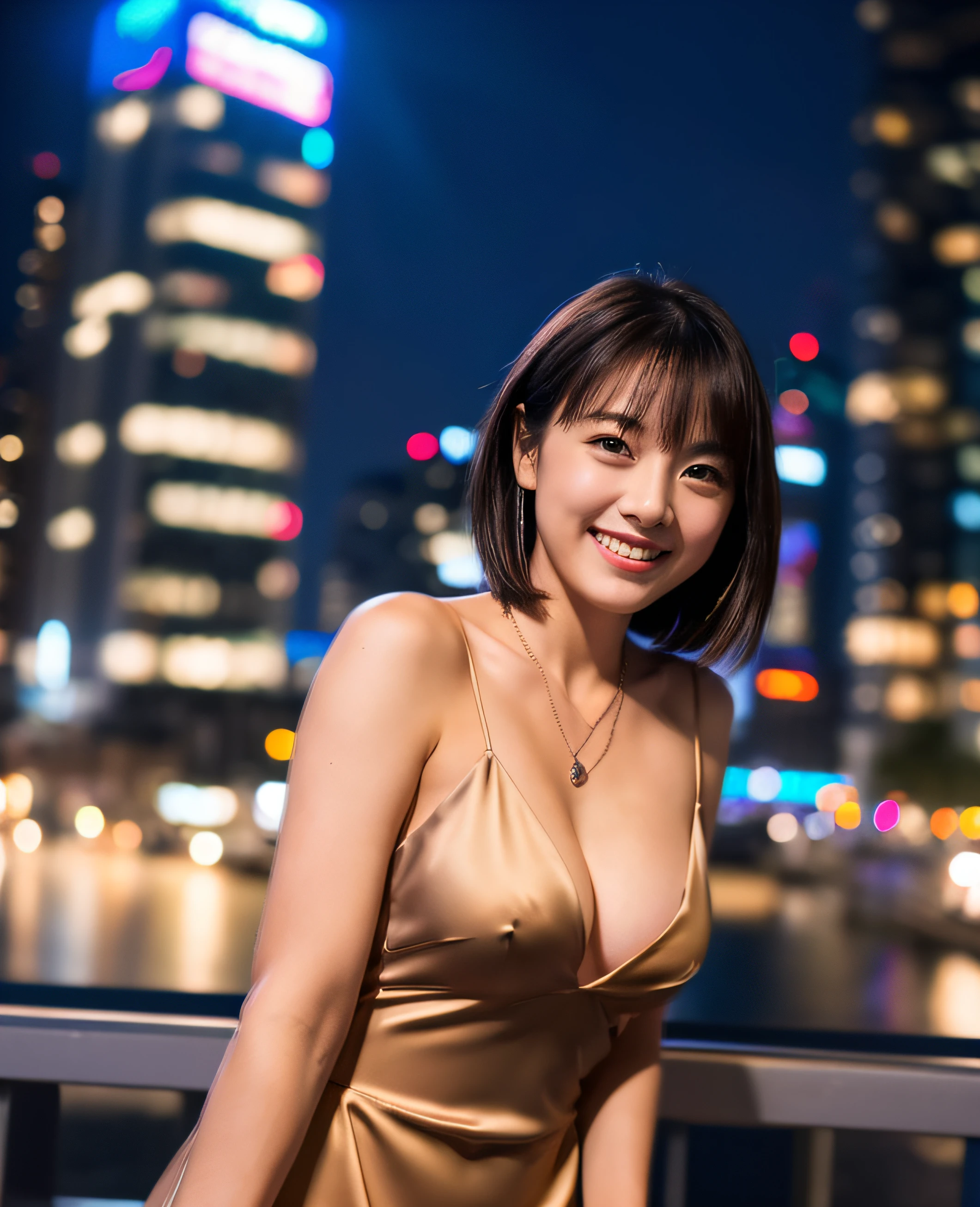 Random Pose, Mix 4, (8K, RAW Photo, Best Quality, Masterpiece: 1.45), (Real, Photorealistic: 1.37), Female, Cute, Smile, Cityscape, Night, Professional Lighting, Radiosity, Normal Breasts , deep V neckline slip dress, front facing,
