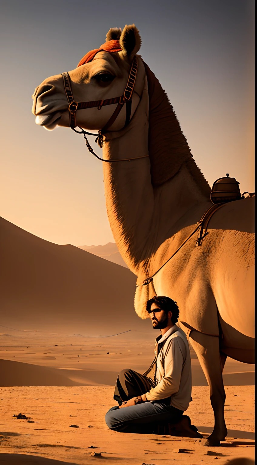 A man sitting in front of a camel in the desert, author：Raphael Lacoste, ( ( mads berg ) ), author：Mike Winckelman, author：Alexander Jean, martin raphael lacoste, Beautiful image, city in desert, Middle Eastern style supplier, author：Han Gan, warm beautiful scene, inspired by Raphael Lacoste, Morocco City