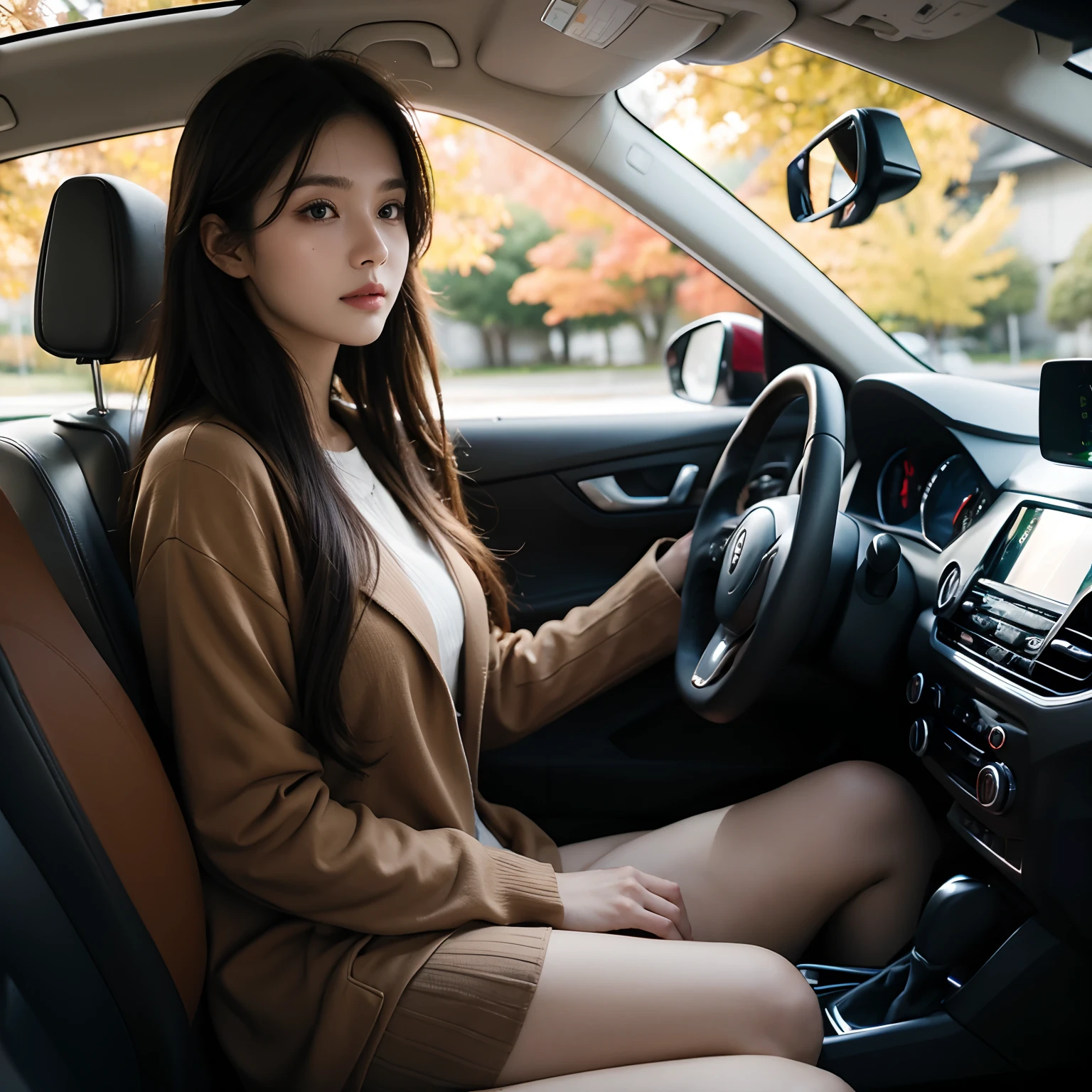 Beautiful woman driving in autumn