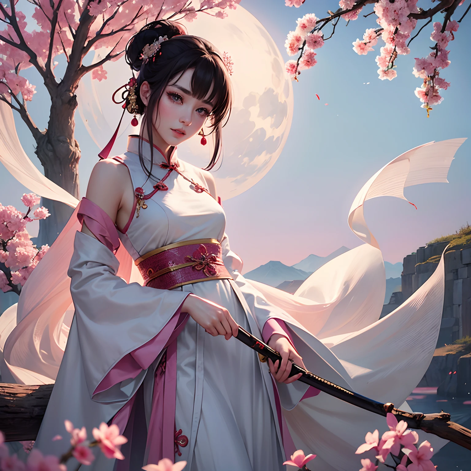 A woman dressed in Hanfu, with a beautiful appearance, charming eyes, and a delicate background. Her eyebrows are shaped like willow leaves, and her lips are pink and moist. The setting is exquisite, and the clothing she wears is both conservative and magnificent, exuding a distinctly ancient Chinese aesthetic.