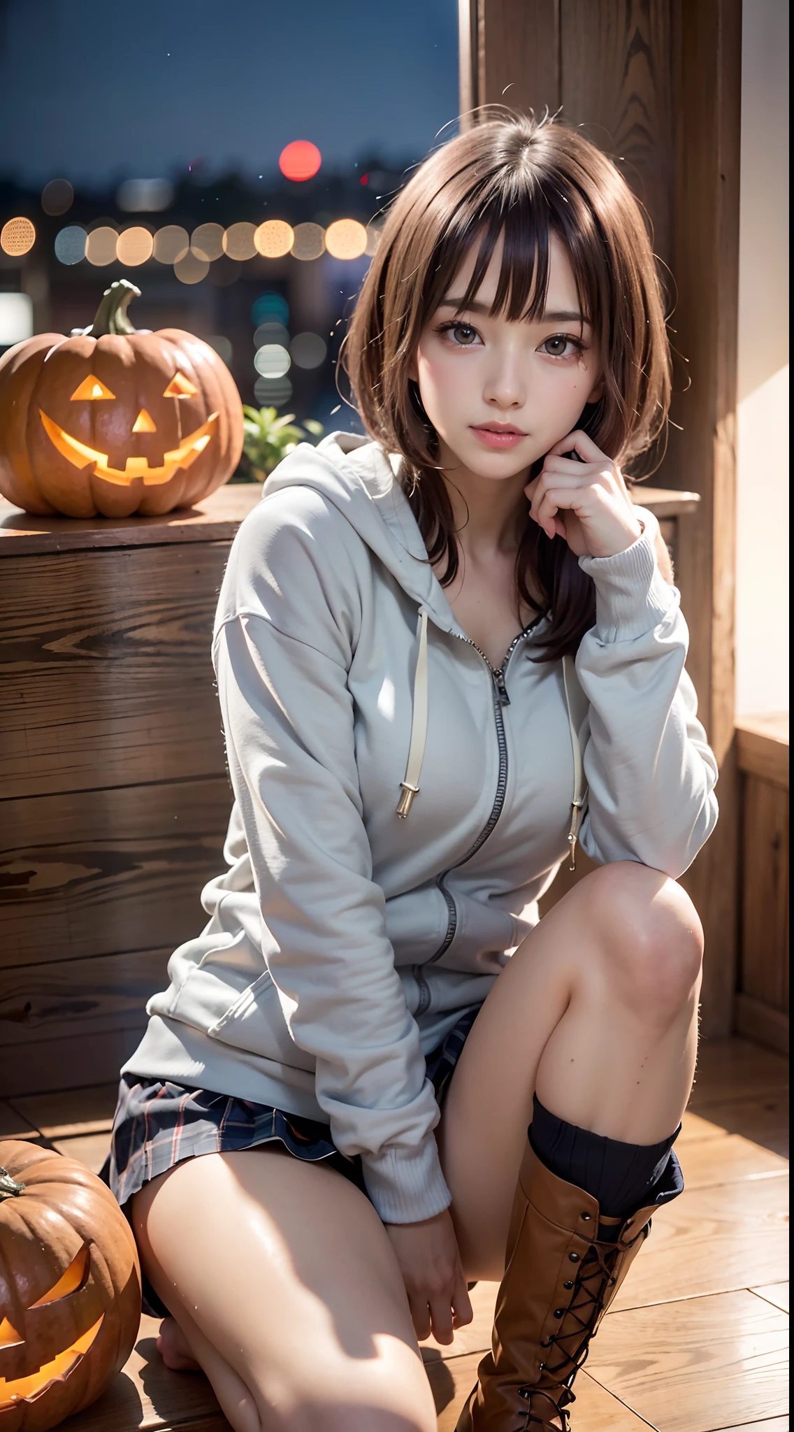 1 beautiful young girl, Super beautiful detailed face, smile shyly, small breasts, deep cleavage:0.8), (oversized full zip hoodie:1.3), (Grey tartan check pleated skirt), (knee-high boots), (garter-belt), (break), (lift the hem of the skirt by myself:1.3), (flip up the skirt by myself:1.3), (lace panties, show panties:1.3), hime cut hair, (Fine face:1.2), High quality, Realistic, extremely detailed CG unified 8k wallpaper, highly detailed, High-definition raw color photos, professional photography, Realistic portrait, Cinematic Light, Beautiful detailed, Super Detail, high details, (((Bokeh))), depth of fields, illumination, Neon Street, Super stylish lighting, halloween night, pumpkin lantern