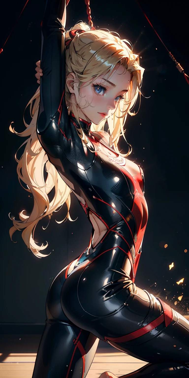 13-year-old girl, 独奏, Wearing a red tight-fitting transparent tights bodysuit、With a thin fabric that emphasizes smiling buttocks、Super close-up looking up from below、gymnast、​masterpiece, top-quality, realisitic, ultra-detailliert, (shinny skin, Sweating: 1.4), Versatile sexy poses、Blonde Long Wavy Hair、brue eyes, slender, dynamic light and shadow, hight resolution, foco nítido, depth of fields, Narrow-eyed, Sharp pupils, Realistic pupils, (breasts are small: 1.6), (Thigh thickness: 1.0),Gymnastics Stadium