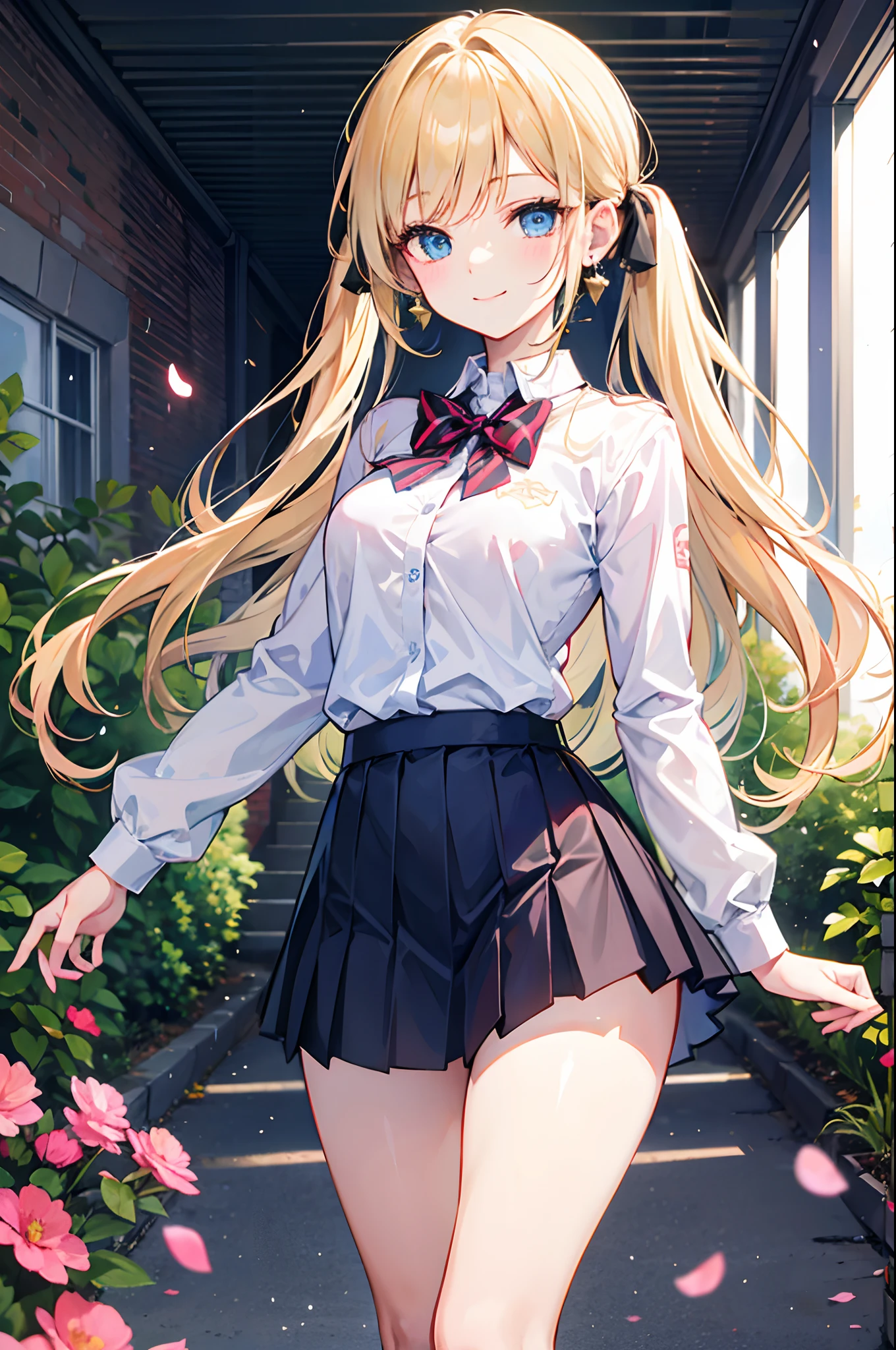 Realistic and detailed image of a girl dressed in school uniform and pleated mini skirt. She has long wavy blonde hair in pigtails. Blue eyes. She has earrings, long eyelashes. she has small breasts, slim waist, wide hips and thick thighs. smiling, pleased face. arched back. She is in a high school hallway next to a garden with flower petals falling around her.