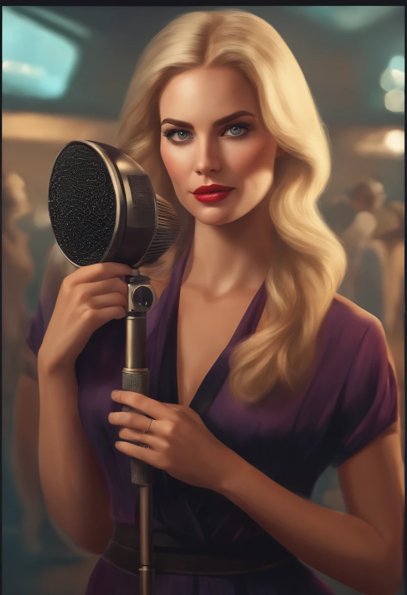 a blonde reporter  in a social dressing, shes holding and speaking in a microfone