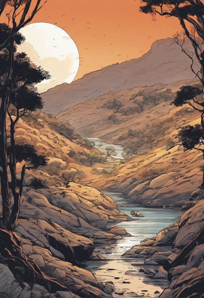 (melhor qualidade,Alto:1.2),fotorrealista,anime,Create a ravine scenery in a dark place with the light of the moon, with dry, gnarled trees and dry, undergrowth, com seres das sombras
