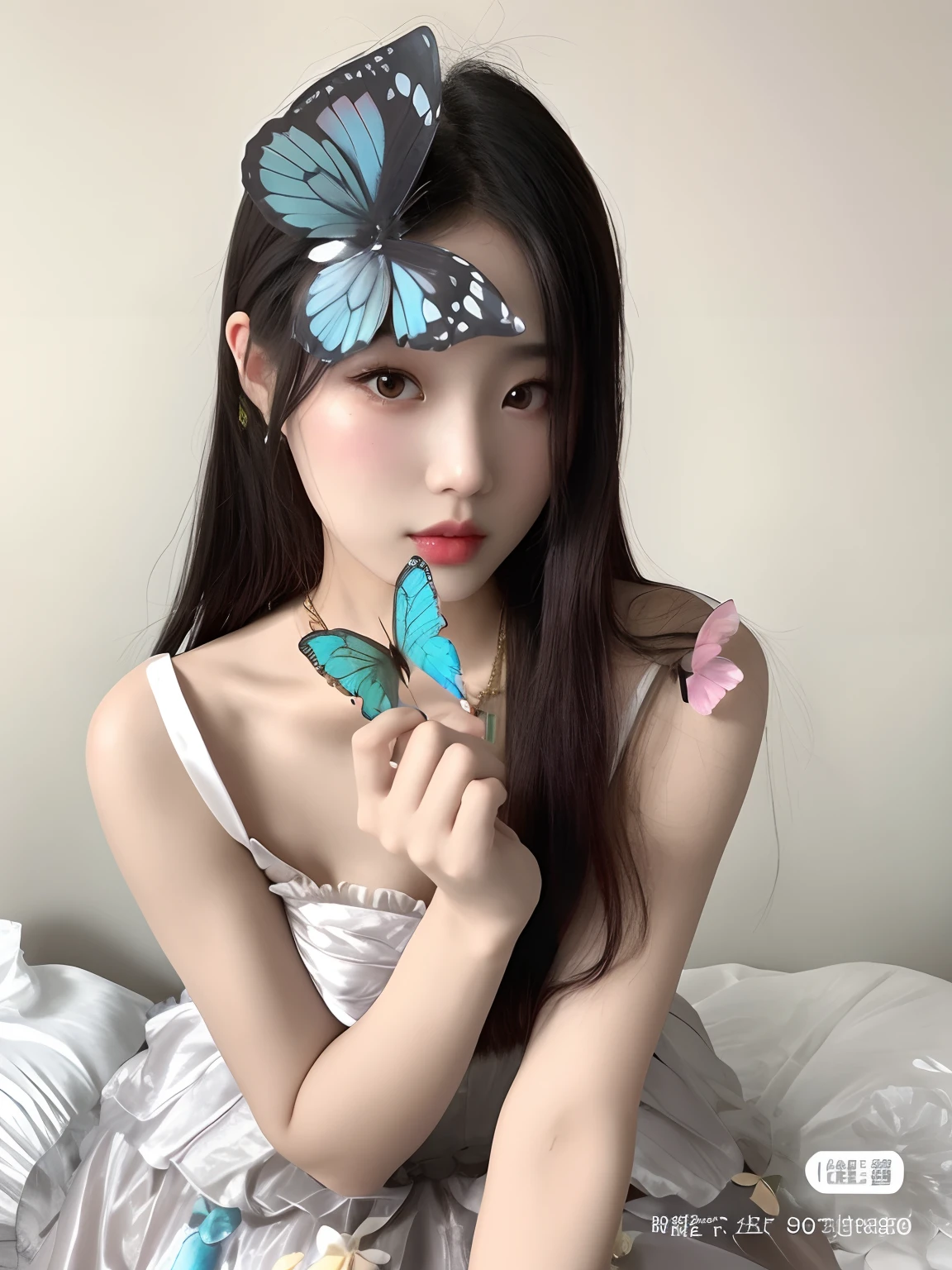 16k high quality wallpapers（Detailed eyes,Long eyelashes,Bright and colorful iris,Expressive eyebrows,Blend eyeshadow perfectly,Eyes sparkle,Reflective eyeballs，Heterochromia），（Light blue long hair girl 1。3 Lots of hair1。3 Delicate hair 1。2）,（Long transparent dress，floral patterns：1.4，），（Gorgeous and delicate glowing little butterfly hair ornament，brilliant colorful，Fine engraving，Shine brightly，The attention to detail，The jewelry is of high quality，Extremely high image quality）White Skin Skin，Seductive smile emoji，Close-up shot