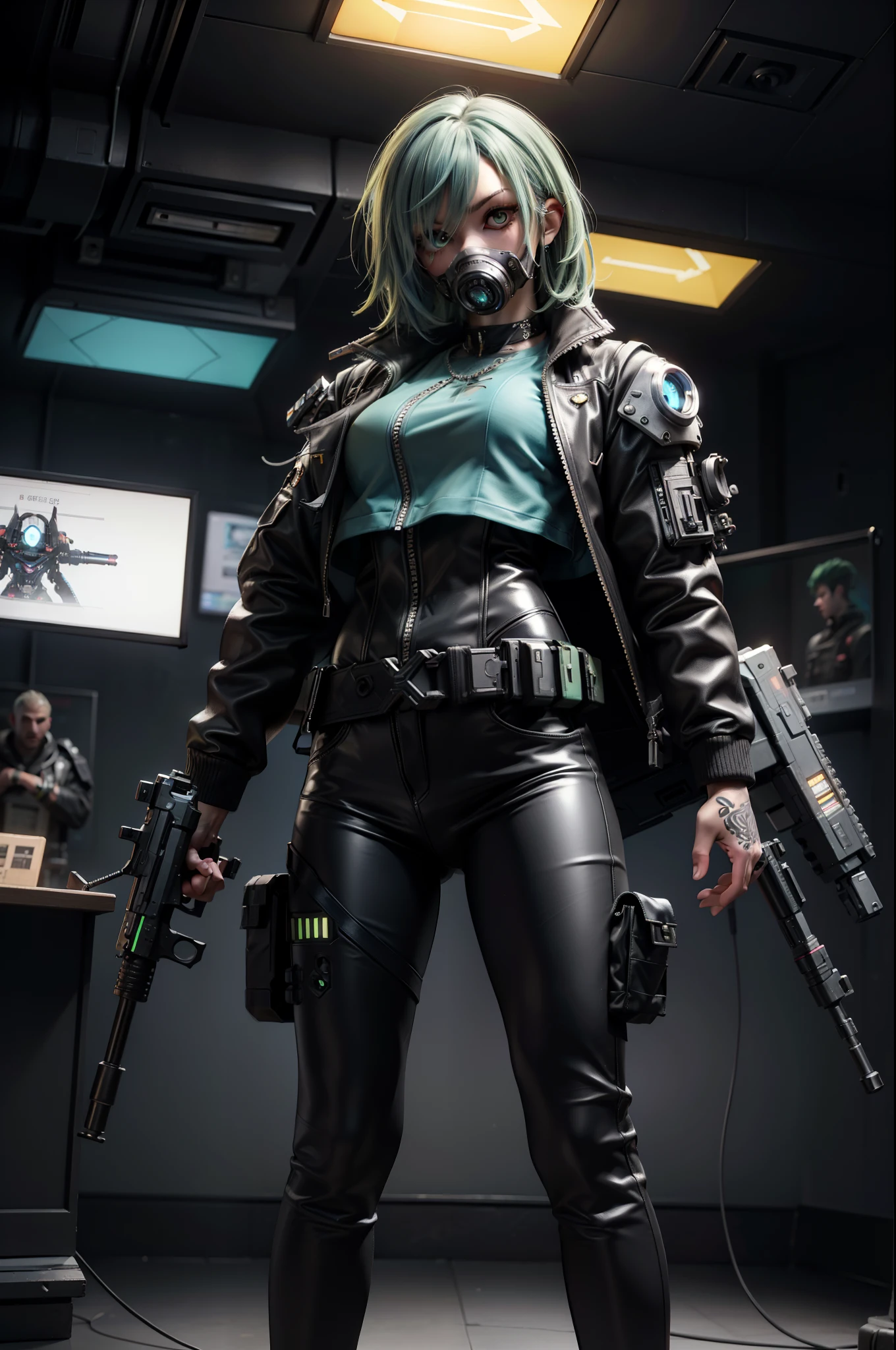 Full body male,3D Illustration, Full Body Game Anime,gas masks ,cyberpunked, Realistic green hair man,Fashionable casual punk clothes in transparent sports ivid color、Laughing、Half of his face is a cyborg、Shoot a big machine gun、,Extremely detailed, art stations, 8 K, Sensual lighting, Incredible art, wlop, ArtGerm, high detailing, Octane Render, in 8K, depth of fields, A man with a very beautiful face, , Claudia, Cyberpunk Beautiful Warriors, ,Beautiful face, , Cyberpunk,An AI, Central Server, Deep view, Heavy Blue LED Light, , Award-winning Fatorg, Big man with full body, §
