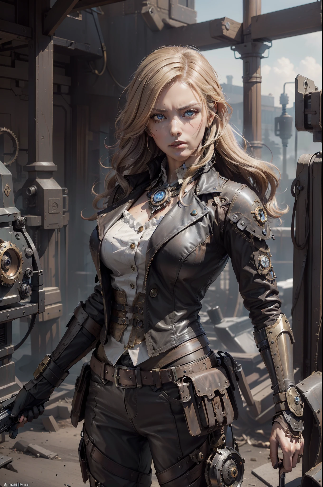 "Complete art masterpiece, high quality, ultra detailed in 4k, 8k, high resolution, hyper-realistic photo, hyper-detailed, realistic skin texture, amazing shadows, extremely detailed texture, perfect lighting, high-level image quality." A woman protagonist of a steam punk game, Fair skin, blond hair, outlined eyes, outlined face, bracelet, Full body, Nice leather clothes, steam punk dirty city on back, steamy motorcycle