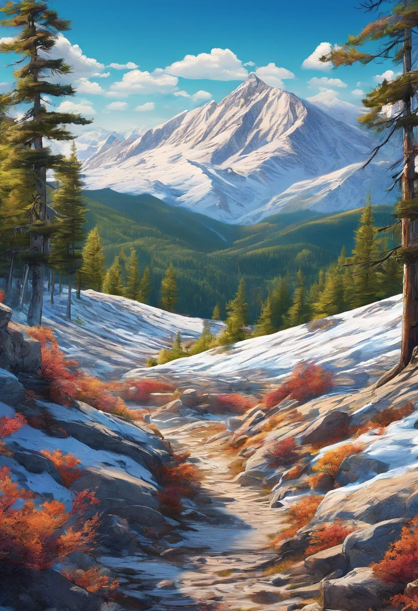 landscape of a mountain valley, ((pines at the foot of the mountains)), ((snow on the peak of the mountains)), cinematic, 8k, detailed, realistic, octane render, (((intricate details)), hdr, ((intricate details, hyperdetailed)), photorealistic, ultrarealistic, realistic shadows, realistic lighting
