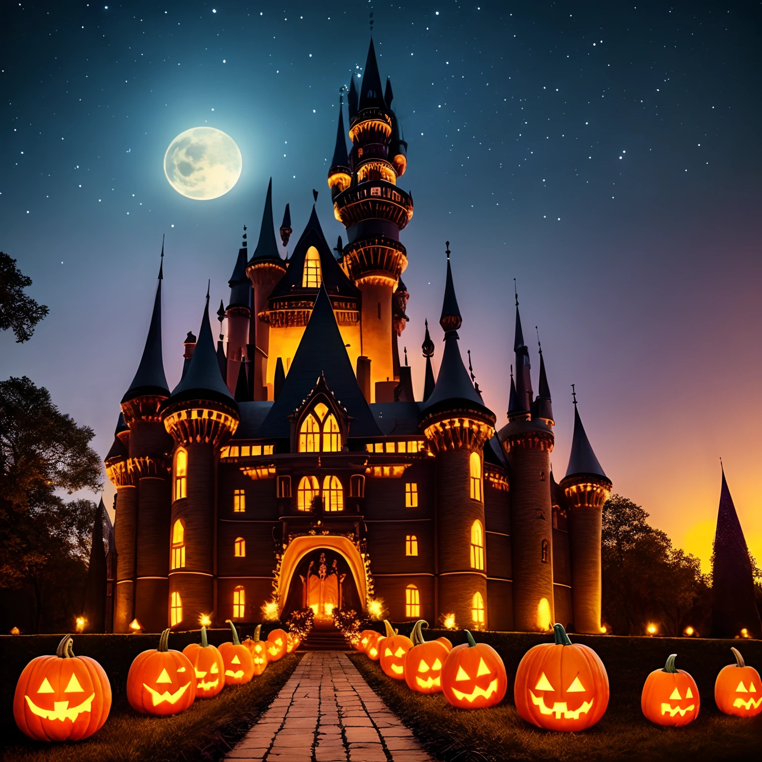 "Amidst the eerie night, a grand castle stands tall, and pumpkins adorn the path. In the enchanting realm of Halloween, mystery and magic converge, inviting you to a world where the ordinary becomes extraordinary."