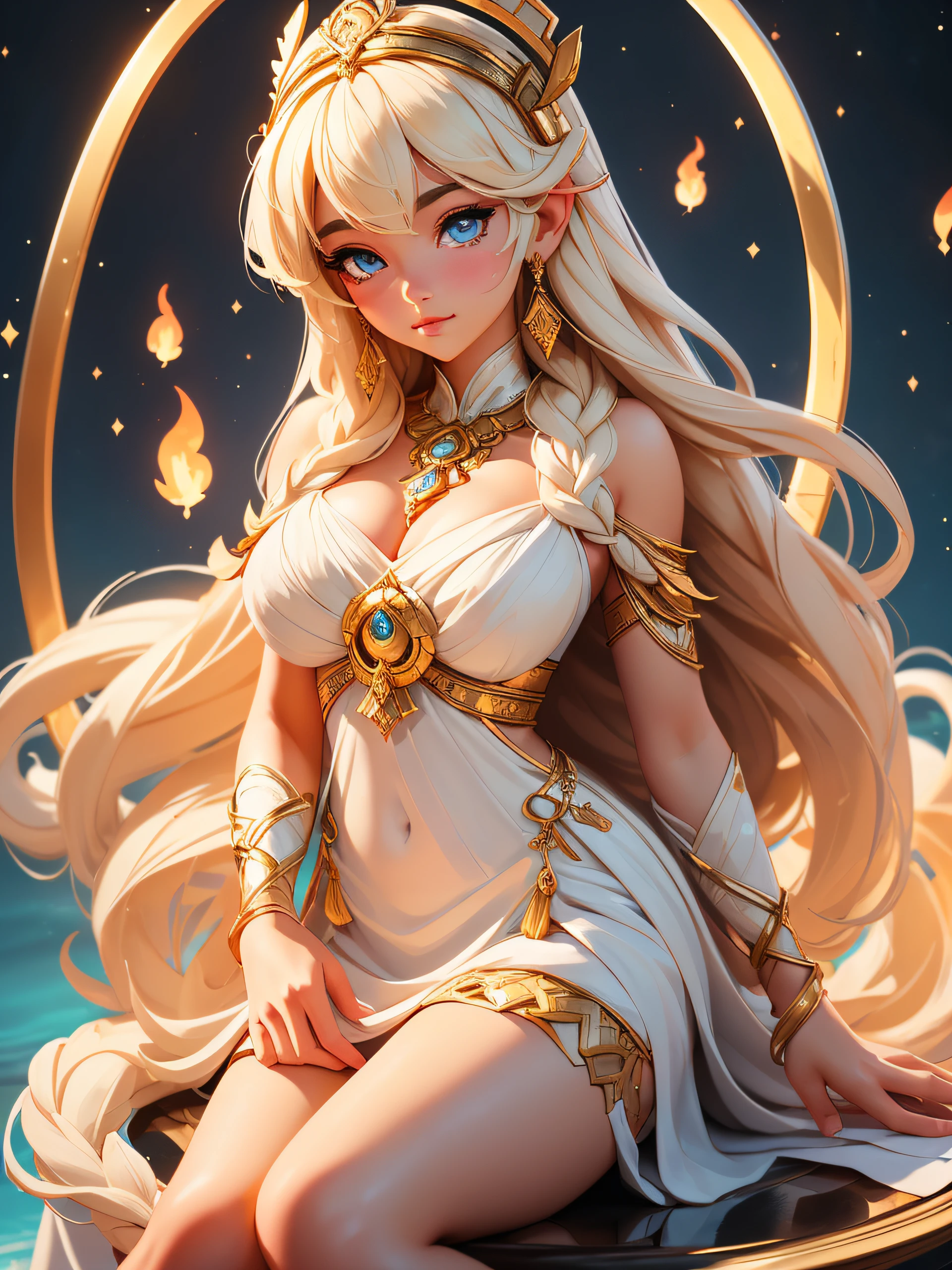 "A close medium body portrait of a Greek goddess ''Hestia'' the goddess of fire. She is adorned in a long white veil or head covering, which was a common practice for women in ancient Greece. (She has long blond hair and light blue eyes.) Her appearance should exude serenity and gentleness, reflecting her role as a peaceful and nurturing deity. The camera perspective should be a 'close-up,' standing in a house in Greek, emphasizing the fine details of Hestia's features and her serene expression. Utilize an EE 70mm camera lens to capture the intricate details. Soft and harmonious palette to accentuate the goddess's peaceful aura. The result should be a captivating and emotionally resonant that conveys the essence of Hestia as a guardian of the hearth and symbol of domestic harmony."