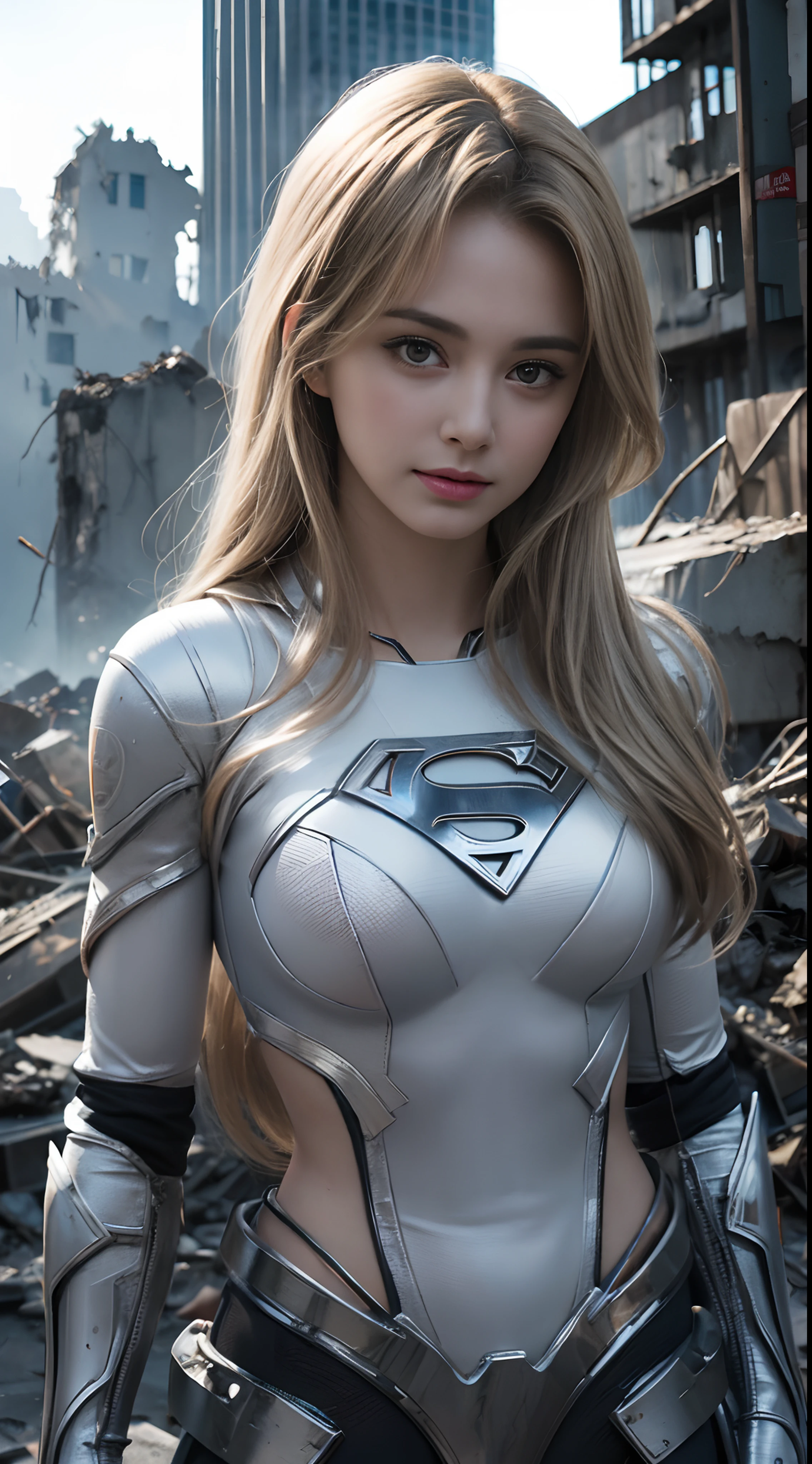 (White Superhero Theme Supergirl),( Apocalyptic city destroyed:1.4),(Superchica:1.4), (cabello blanco canoso ),More detailed 8K.motor irreal:1.4,UHD,La mejor calidad:1.4, fotorrealista:1.4, textura de la piel:1.4, obra maestra:1.8,obra-prima, mejor calidad,objeto Objeto], (detailed face features:1.3), (manos Detallado:1.4),