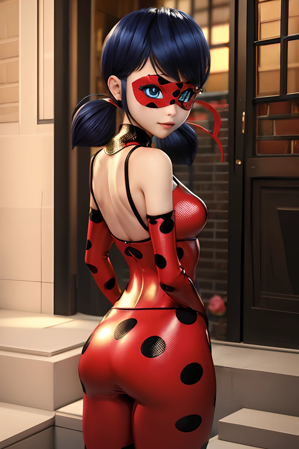 ladybugtwintailspolka dots outfit and mask, bemt over, round butt,
