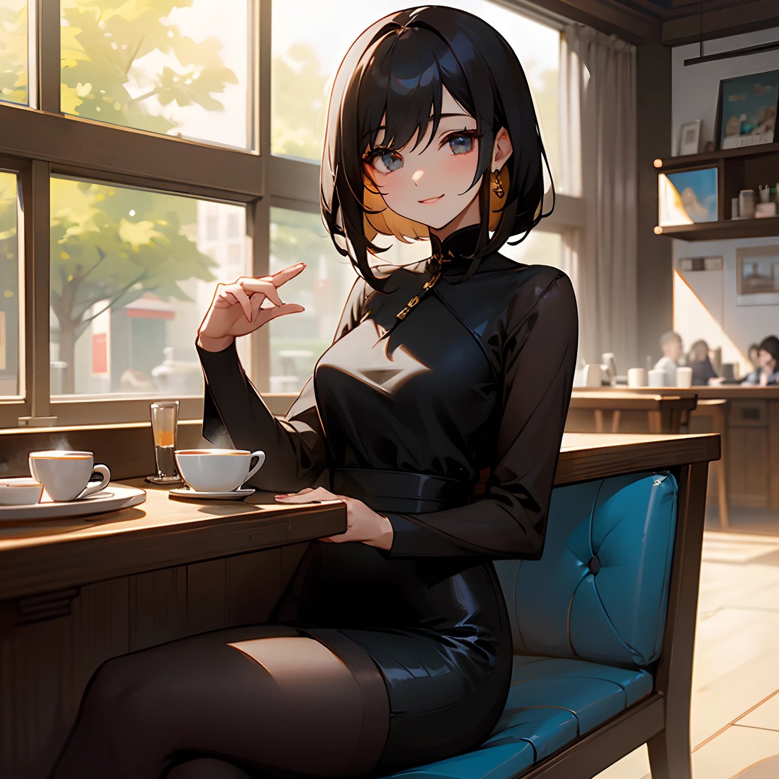 The beauty sitting in the café had streamlined black hair，Smooth as silk。Her eyes flashed a deep brown，It's as if you can see through everything。She has fair skin，Flawless，Exudes a natural, healthy glow。She wears a simple and stylish outfit，Show her elegance and taste。When smiling，Her lips are filled with warmth and confidence，It caught the eye of everyone in the café。