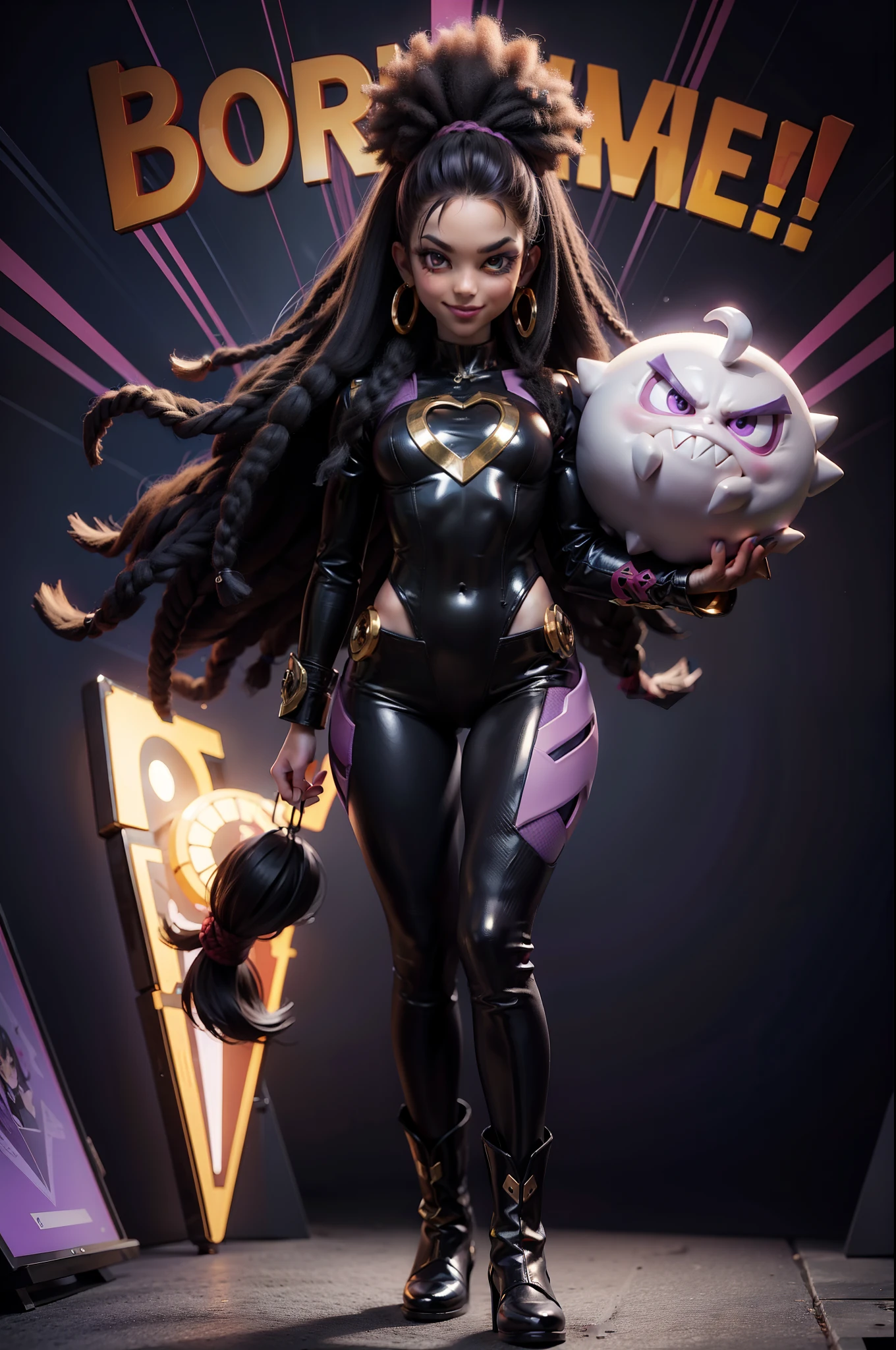 Full body standing),2D-Animation、 Full body shot, Full body, flat vector, pop-art, Big Purple Dread Afro, Keep the actual computer, Wearing a nice suit, muscular guy, Wearing a lot of jewelry , Comic Hero Characters, Big Mouth Gold Tooth Smile, Male warrior character design illustration, Full body written in software, Anime game characters, Afropunk, Very beautiful face, long boots,