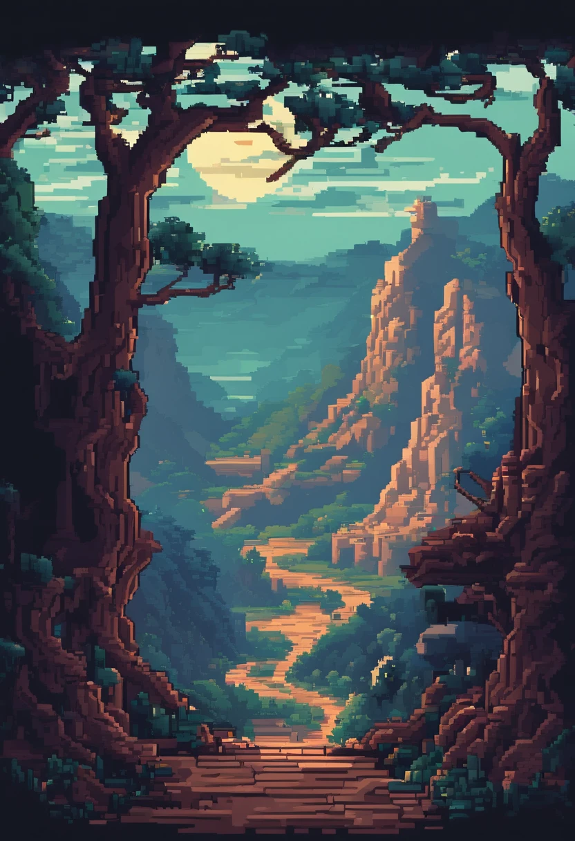 Create a ravine scenery in a dark place with the light of the moon, with dry, gnarled trees and dry, undergrowth, com seres das sombras