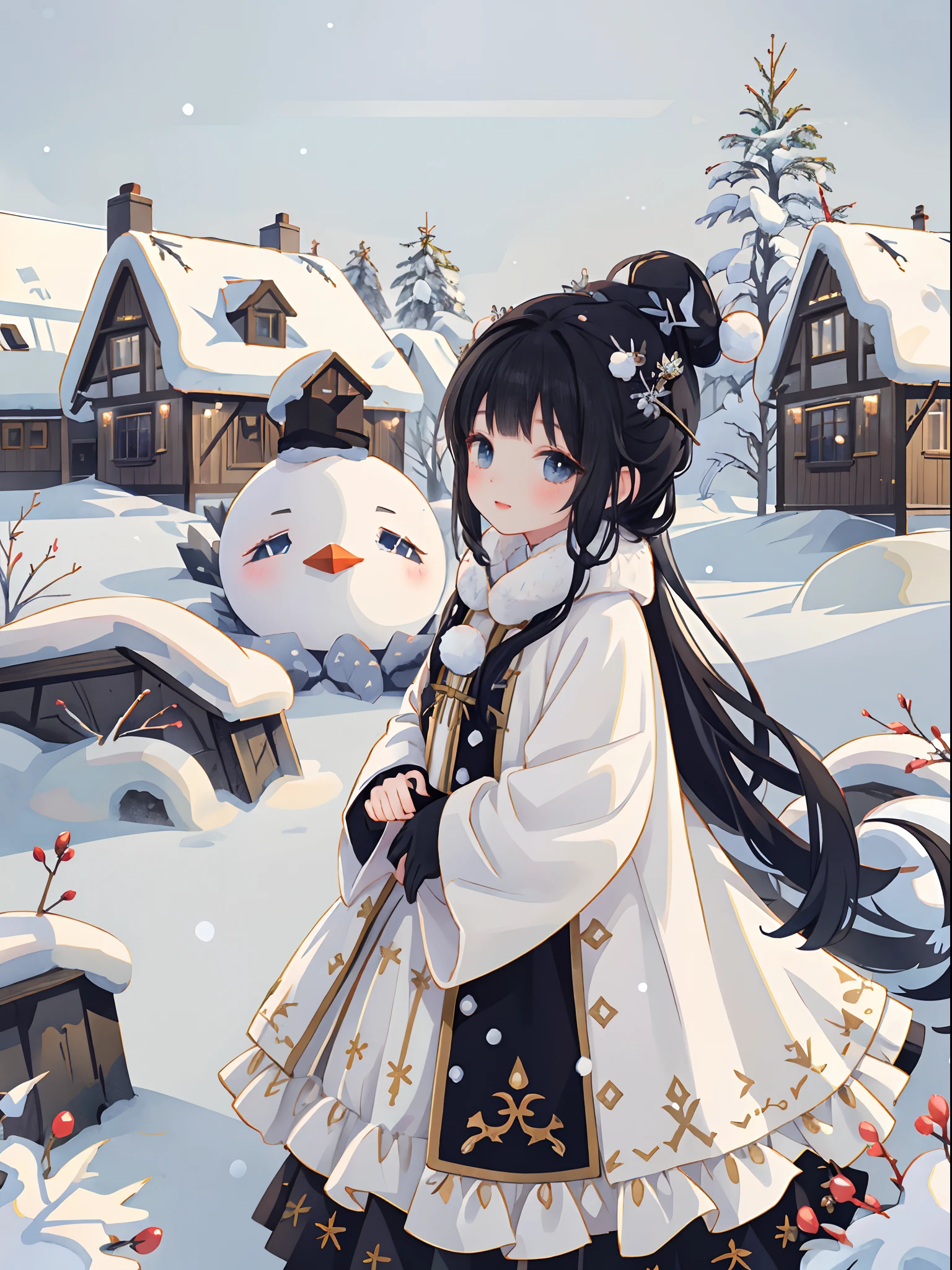 in gloves building a snowmanin winter forestblack long hair, prospect， whiteong-sleeved dress,winter,snowman,snowscene, warm light,outdoors, fairytale, fantasy,oright background,blank top frame.Victo Ngastyle. best quality 8k, super detailed
