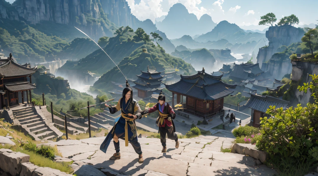 ((ultra real detailed.) (Masterpiece, Top quality, Best quality, offcial art, Beauty and aesthetics: 1.2), Very detailed, Colorful, Most detailed, branches, Buildings, barbed wire, Fallen leaves, fences, Long hair, En plein air, petals, landscape, rain, Green trees, sky, street, A real flight into the fairy world, Chance encounter with Liu Hanshu, He saw in him his former self, It was decided to take him as an apprentice, Teach him how to protect himself, But because of the Tibetan star map, He established relationships with the Liu family and the Jade Sword Sect, It opens with the death of Liu Hanshu, Qin Yu embarked on the road of confrontation with a strong enemy, Working hard, Make yourself stronger, Stick to your own core path of justice, I also want to protect the people I care about, The three brothers took off, And embarked on a long journey to find a good brother, Qin Yu, Where are Xiao Hei and Hou Fei(dense fog)Climb the streets(Doomsday Stream)eyes filled with angry,He clenched his fists,Rush up,Deliver a fatal blow to your opponent,full bodyesbian,Full Body Male Mage 32K(Masterpiece Canyon Ultra HD)Long flowing black hair,Campsite size,zydink, The wounded lined up in the streets(canyons)Climb the streets, The scene of the explosion(canyons), (Linen batik scarf), Angry fighting stance, looking at the ground, Batik linen bandana, Chinese python pattern long-sleeved garment, canyons(Abstract propylene splash:1.2), Dark clouds lightning background,Sprinkle with gold dust(realisticlying:1.4),Black color hair,Flour fluttering,rainbow background, A high resolution, the detail, RAW photogr, Sharp Re, Nikon D850 Film Stock Photo by Jefferies Lee 4 Kodak Portra 400 Camera F1.6 shots, Rich colors, ultra-realistic vivid textures, Dramatic lighting, Unreal Engine Art Station Trend, cinestir 800,Flowing black hair,(((Jungle Canyon)))The wounded lined up in the streets(vale)Climb the streets,Movie master real-time image quality