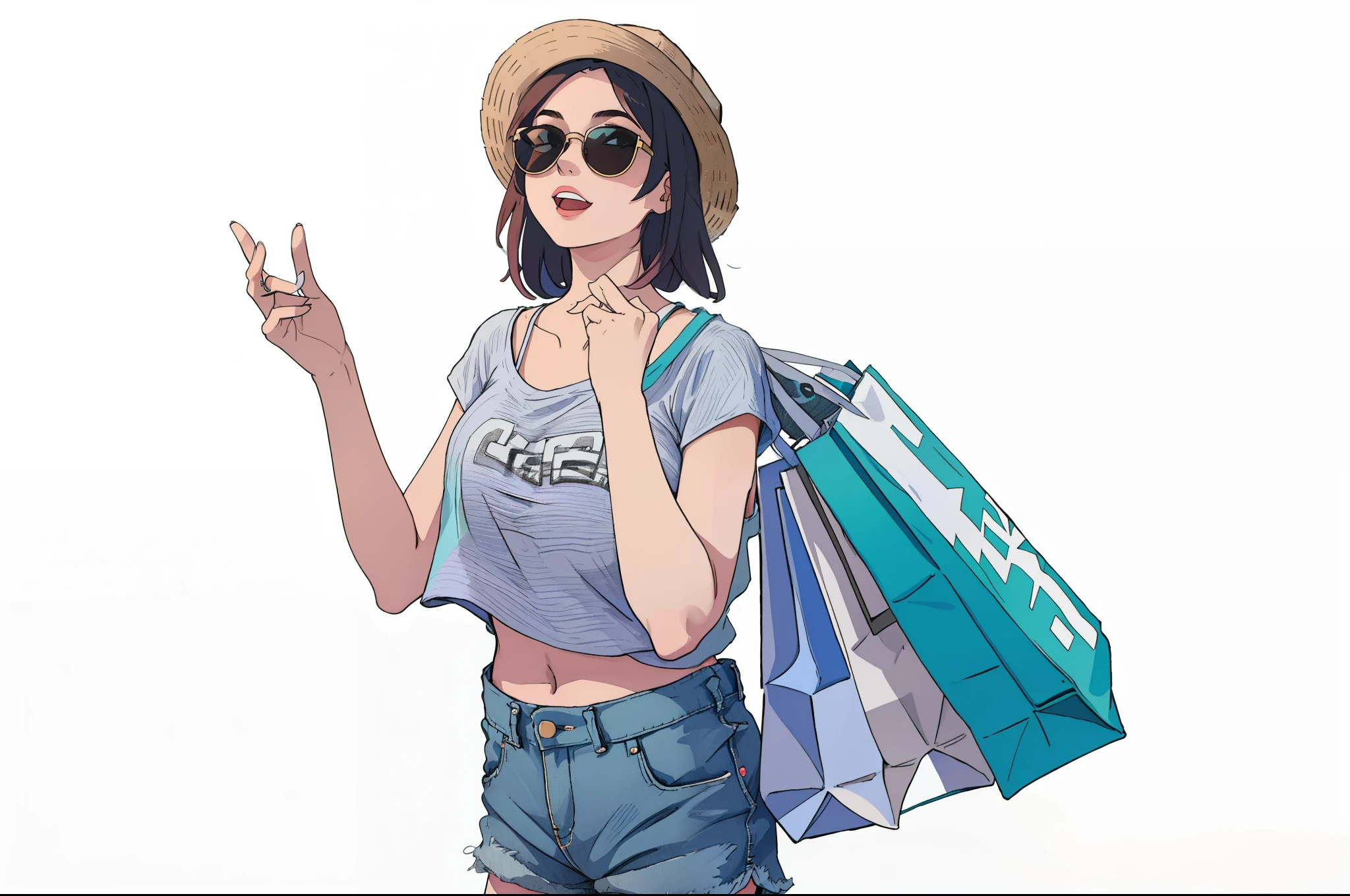 araffe woman in a hat and sunglasses holding shopping bags, wearing casual clothing, happy fashion model, wearing elegant casual clothes, baggy clothing and hat, wearing a camisole and shorts, fashionable woman, trendy clothes, wearing casual clothes, dressed with long fluent clothes, modern fashion outfit, cute woman, fashion clothing, casual clothing style, with teal clothes