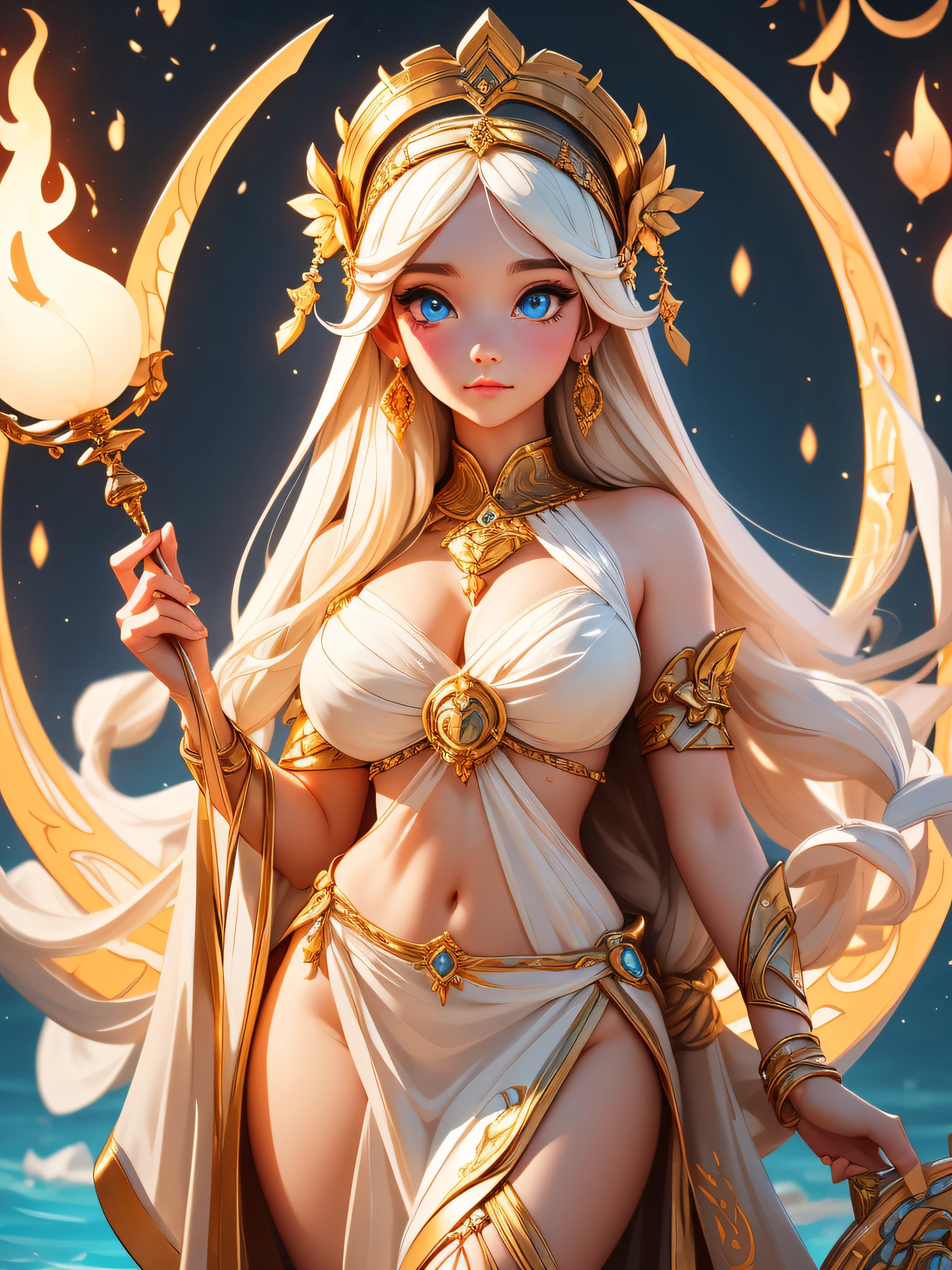"A close medium body portrait of a Greek goddess ''Hestia'' the goddess of fire. She is adorned in a long white veil or head covering, which was a common practice for women in ancient Greece. (She has long blond hair and light blue eyes.) Her appearance should exude serenity and gentleness, reflecting her role as a peaceful and nurturing deity. The camera perspective should be a 'close-up,' standing in a house in Greek, emphasizing the fine details of Hestia's features and her serene expression. Utilize an EE 70mm camera lens to capture the intricate details. Soft and harmonious palette to accentuate the goddess's peaceful aura. The result should be a captivating and emotionally resonant that conveys the essence of Hestia as a guardian of the hearth and symbol of domestic harmony."