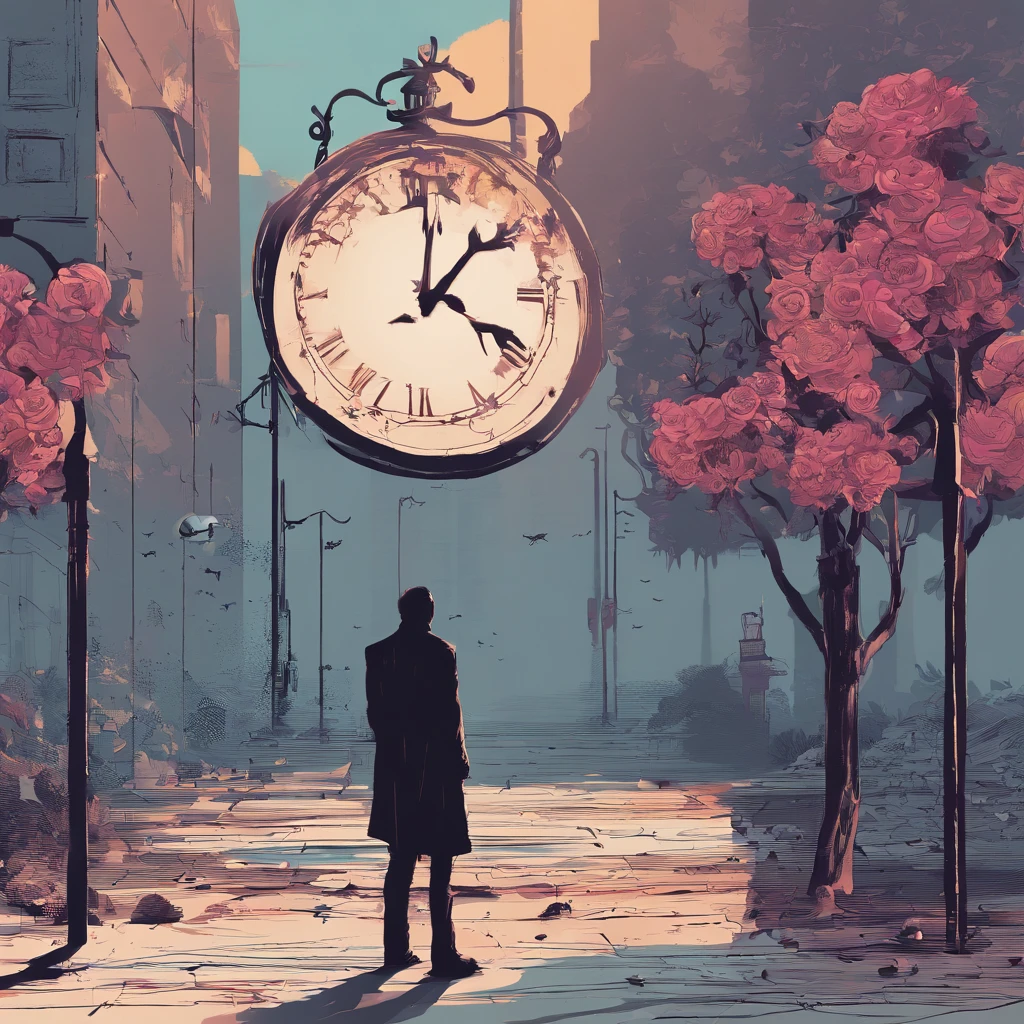 Album Cover Design Ideas:
1. **Background with**:
-feature: The streets of the city at sunset. A little blue and purple, It is shaded with red to give it a sad and delicate feeling. The streets are empty, indicating loneliness.
2. **Central figure**:
-feature: A man stands in a slightly hunched position, looking at the camera. There are some tears and sadness in his eyes.
3. **Detail**:
-feature: Behind the man, the silhouette of a woman is blurred. She's looking in a different direction from across the street.
-Details: In the distance between a man and a woman, there is a fallen rose and a clock. The roses are withering, indicating a love that has passed. The clock stands still, symbolizing the time and moment that has passed.
4. **Colors**:
-feature: The overall color of the album is dark and sad, but, The light of the setting sun represents hope. It expresses complex emotions through the contrast between warm light and cold shadows.
summarization:
This album cover is a reminiscence with the end of love, And it tries to convey the feeling of waiting. The overall feeling is sad and, I regret it, but, Even in the midst of it, I tried to capture the subtle feeling of hope and waiting.