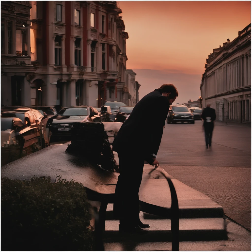 Album Cover Design Ideas:
1. **Background with**:
-feature: The streets of the city at sunset. A little blue and purple, It is shaded with red to give it a sad and delicate feeling. The streets are empty, indicating loneliness.
2. **Central figure**:
-feature: A man stands in a slightly hunched position, looking at the camera. There are some tears and sadness in his eyes.
3. **Detail**:
-feature: Behind the man, the silhouette of a woman is blurred. She's looking in a different direction from across the street.
-Details: In the distance between a man and a woman, there is a fallen rose and a clock. The roses are withering, indicating a love that has passed. The clock stands still, symbolizing the time and moment that has passed.
4. **Colors**:
-feature: The overall color of the album is dark and sad, but, The light of the setting sun represents hope. It expresses complex emotions through the contrast between warm light and cold shadows.
summarization:
This album cover is a reminiscence with the end of love, And it tries to convey the feeling of waiting. The overall feeling is sad and, I regret it, but, Even in the midst of it, I tried to capture the subtle feeling of hope and waiting.