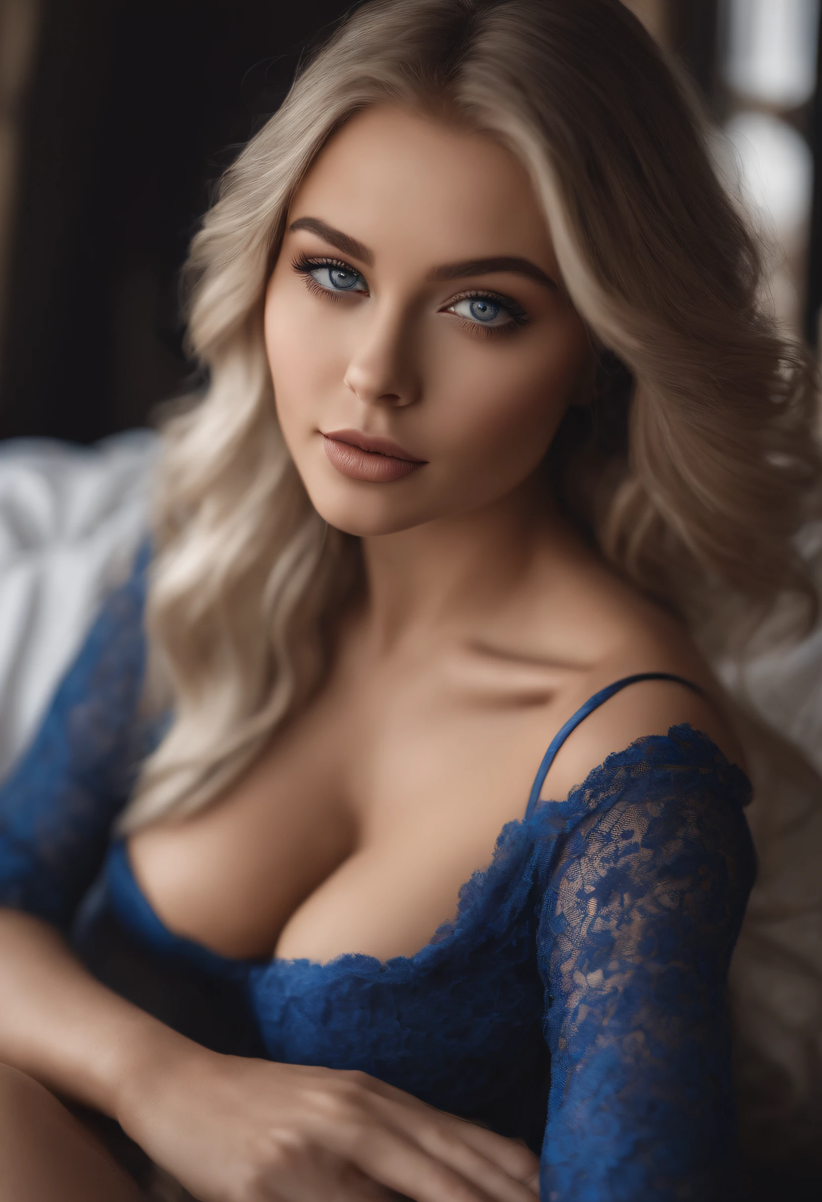 arafed woman fully , sexy girl with blue eyes, ultra realistic, meticulously detailed, portrait sophie mudd, blonde hair and large eyes, selfie of a young woman, bedroom eyes, violet myers, without makeup, natural makeup, looking directly at the camera, face with artgram, subtle makeup, stunning full body shot sitting, large size bust, showing, no bra, stunning full body shot in a club, large breast, exposed breast, cocktail dress, stockings
