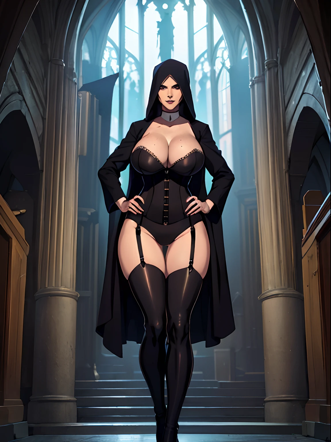 (masterpiece, top quality, best quality, official art, beautiful and aesthetic:1.2), (1girl:1.3), light freckles, fair skin, extremely detailed, portrait, looking at viewer, solo, (full body:0.6), detailed background, close up, (dark gothic theme:1.1), nun with guns, charlatan, smirk, mysterious, swaggering through cathedral, modest attire, black habit, cowl, nun hood, wimple, thigh-high boots, bodysuit, leotard, corset, leather straps, ammunition pouches, long boots, submachineguns, SMGs, MP5s, thigh pouches, holsters, garters, ((((narrow hips, slim sexy body, gigantic breasts)))), slim waist, slim hips, long legs, modern (cathedral exterior:1.1) background, dark mysterious lighting, shadows, magical atmosphere, dutch angle,