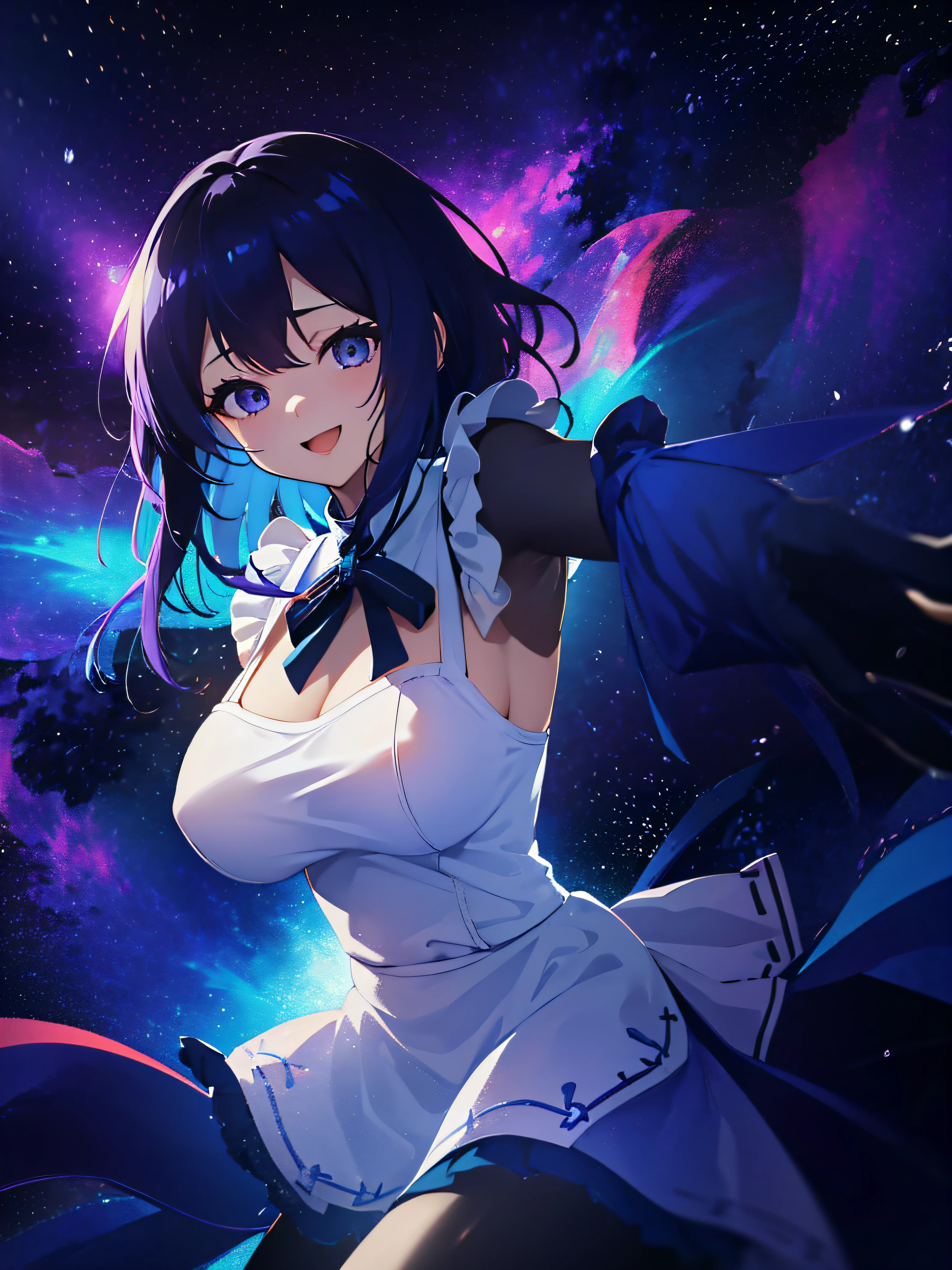 (masutepiece:1.3), (Best Quality:1.3), High resolution, Couboy Shot, I'm on the street with my arms outstretched and a big smile on my face.、Retro cityscape、Spread your arms、Hair color is purple、Long hair、Blue Mesh、blacklight、Squat position、Vivid sea、Iridescent Sea、huge smile、Spectacular background、The sun's rays illuminate her so beautifully, (One Cute Girl:1.3), 、Long hair, Hair over one eye, Large breasts, Neck ribbon, Swim in the sea、Spectacular sunlight seen from the deep sea、Dress, Detached sleeves, White Apron, Waist apron, White pantyhose