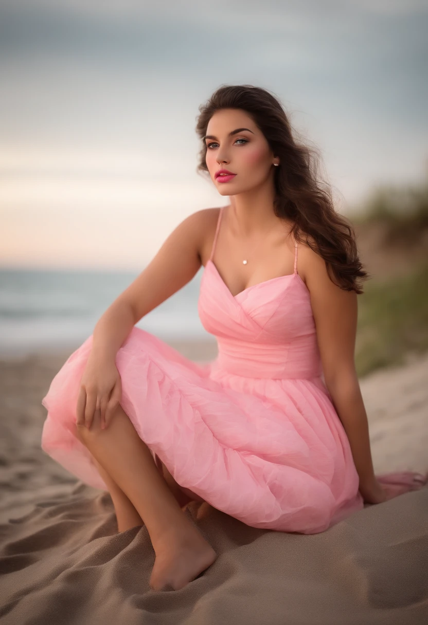 20 year old beautiful girl very distinct model like facial features pale skin plump pouty lips painted bubble gum pink long dark eyelashes big bust petite figure wearing a bubble gum pink dress sitting on the beach shore she is posing for the camera staring right into the 35mm lens