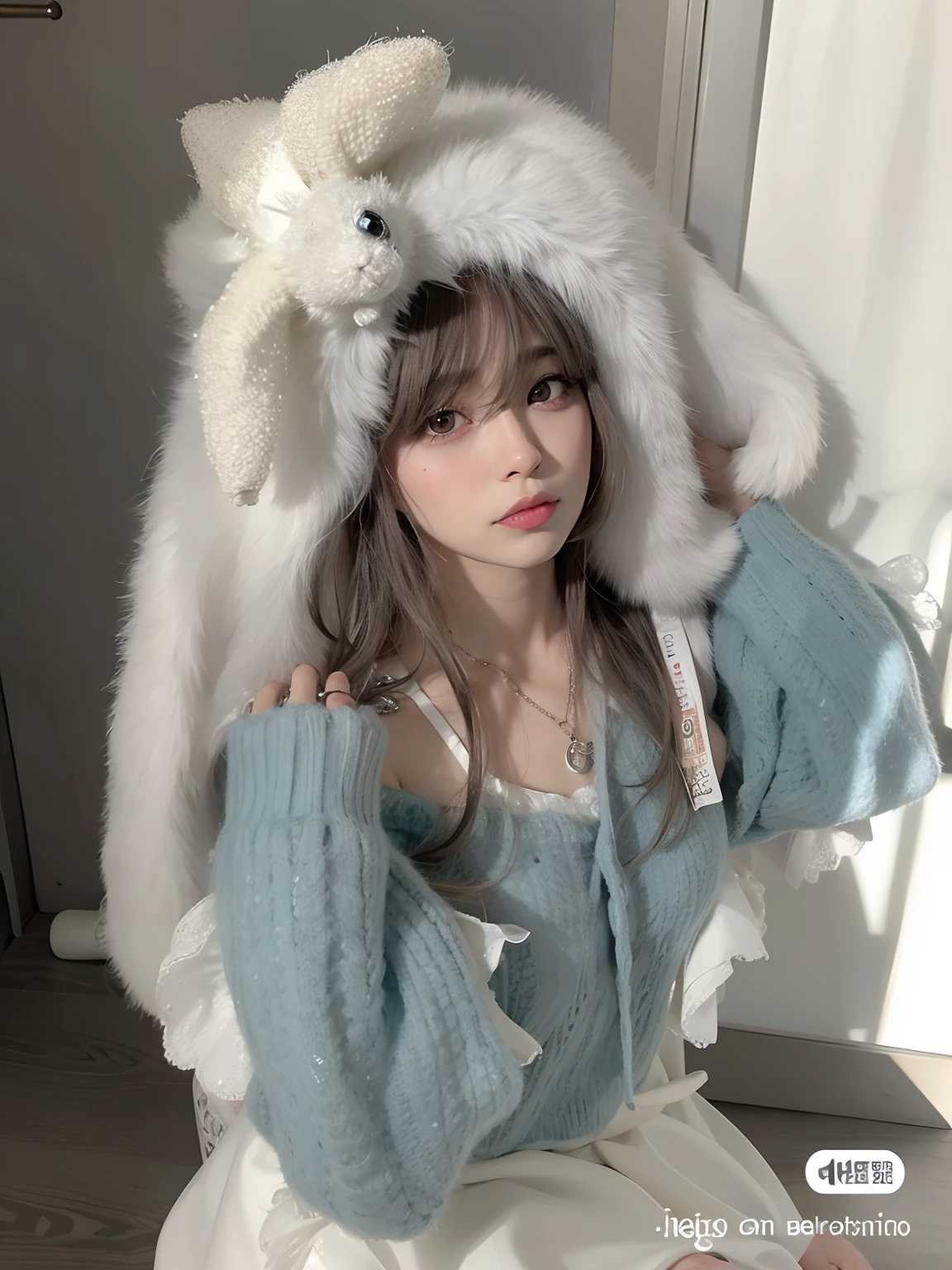 Araffe con un atuendo blanco y azul con una capucha peluda, Dulce conejita ultrarrealista, con orejas de conejo largas y flexibles, Abrigo de piel grueso azul cielo, Linda conejita de peluche fumo, Sky Blue Thick Skin Tunes, ulzzang, con orejas de conejo, con pelo largo blanco, con un traje de conejito, con orejas de conejo, encantador y lindo