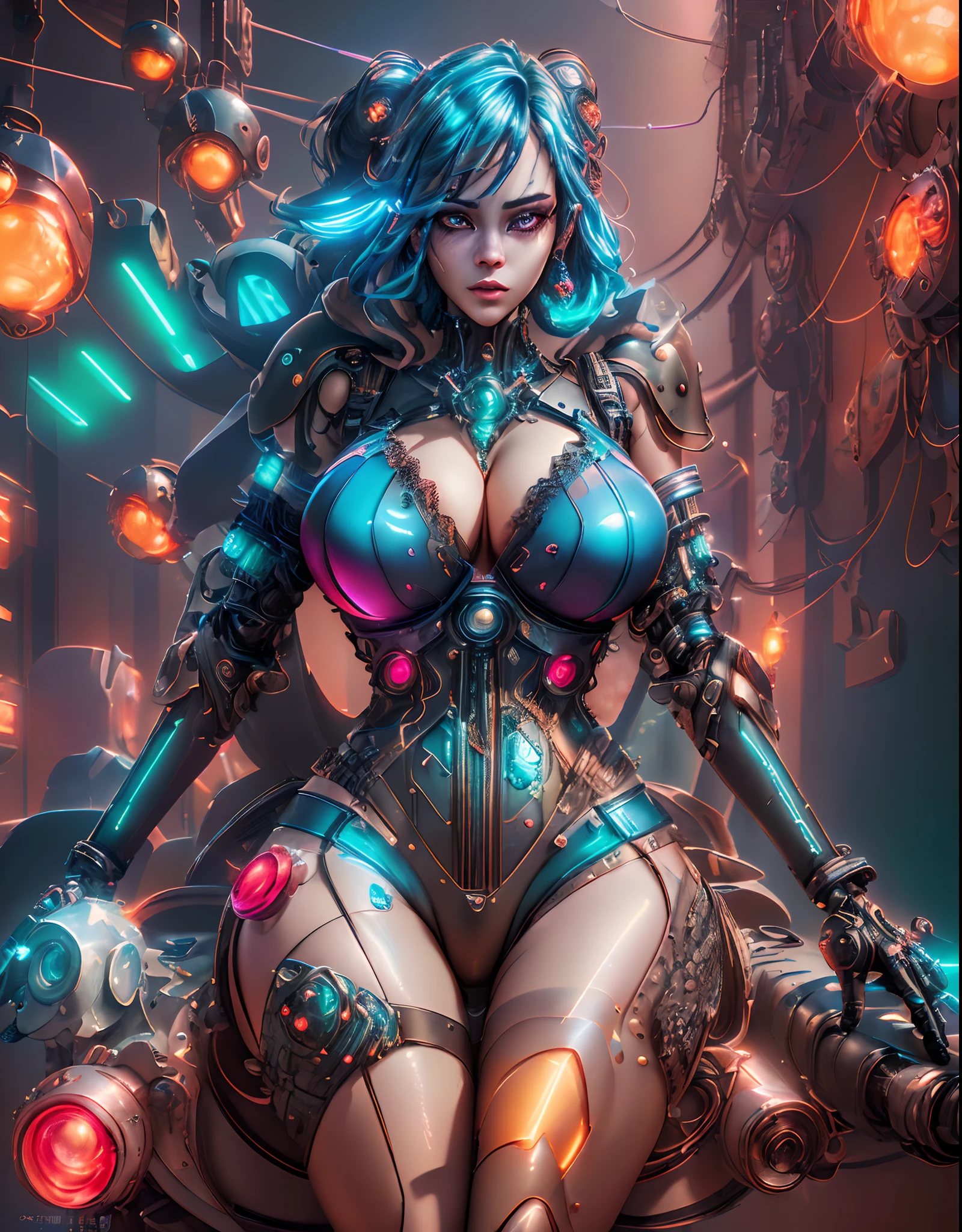 A glamorous woman stands alone in a vibrant setting, dressed in a seductive blue gown. ((gigantic breasts)), (huge cleavage), The centerpiece of the composition is 1girl, exuding confidence and allure. Her detailed eyes captivate the viewer, while her luscious, detailed lips are painted in a captivating shade. The woman's face radiates beauty and elegance, with long, enchanting eyelashes framing her eyes. Surrounding her, the scene is adorned with cyberpunk elements, creating an oppai cyberpunk atmosphere.

The medium used to create this artwork is digital illustration, combining vibrant colors and intricate details. The illustration showcases an ultra-detailed depiction, emphasizing the woman's facial features and the cyberpunk accents. The lighting is atmospheric, with studio lighting casting dramatic shadows and highlights on the woman's face. The entire composition is set against a backdrop of neon lights and futuristic cityscape, transporting the viewer into a futuristic world.

The artwork's quality is of the highest caliber, utilizing the best technology to ensure an extraordinary visual experience. The resolution is 4k or 8k, providing exceptional clarity and sharpness. The use of HDR enhances the dynamic range, while the rendering technique achieves a photorealistic and professional result. The colors are vivid and vibrant, contributing to the overall cyberpunk aesthetic.

In summary, this prompt generates a high-quality, cyberpunk-inspired artwork featuring a glamorous woman in a seductive blue dress. The focus is on her captivating eyes, detailed lips, and overall beauty, while the cyberpunk elements add a unique and futuristic twist. The prompt emphasizes ultra-detailed illustration, photorealistic quality, and vibrant colors to create a visually striking and memorable piece of art.