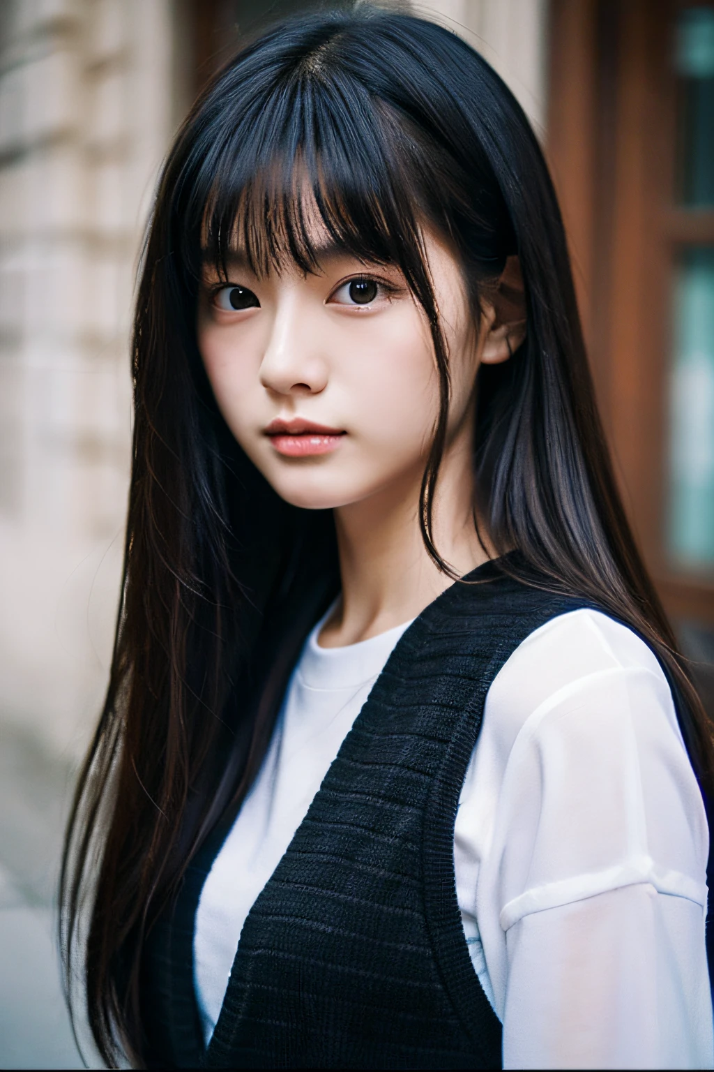 RAW photo, bokeh (realism: 1.4, realistic), high detail CG unified 8K wallpaper, 1girl,  (HQ skin: 1.4), 8k uhd, dslr, front lighting, high quality, Fujifilm XT3, 21 years old female with long hair,((slim body, skinny, natural breast)),(((height:163cm))), ((wearing knit tank top, black short skirt,cleavage)),((take selfie)), (looking at viewer), ((ultra detailed room background))), ((full body:1.6))