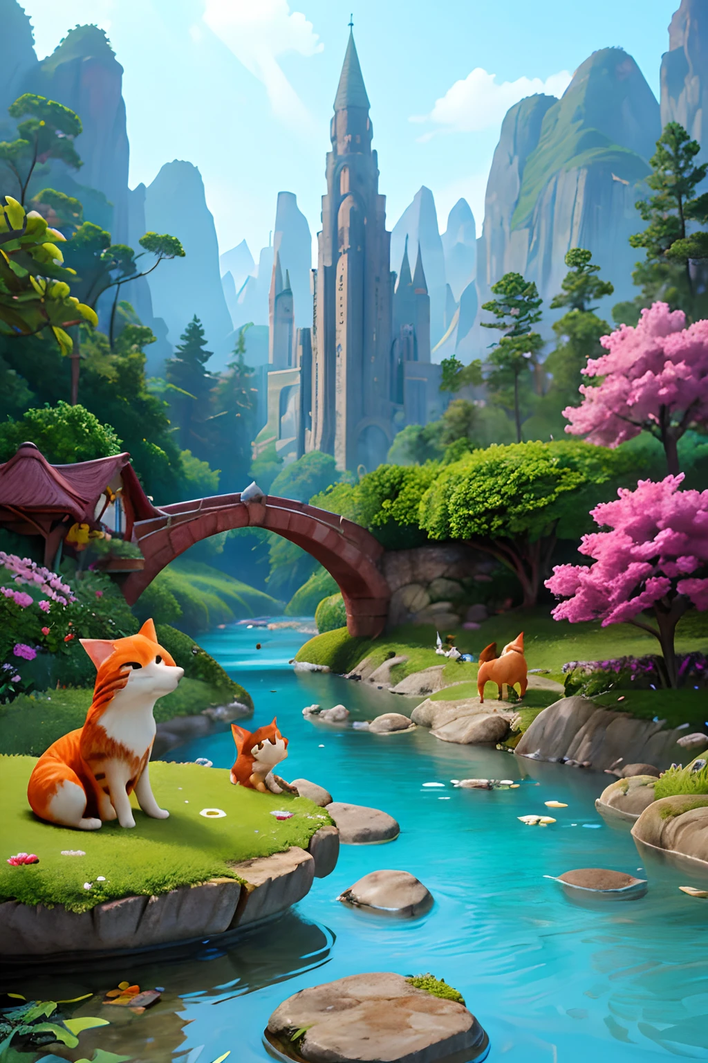 Show a vibrant fantasy world filled with whimsical creatures, towering candy mountains, sparkling rivers. Create the most imaginative vibrant dreamlike world. A whole lot of animals, masterpiece, depth-of-view, high definition, characters, fishes, dogs, cats, foxes, fairies