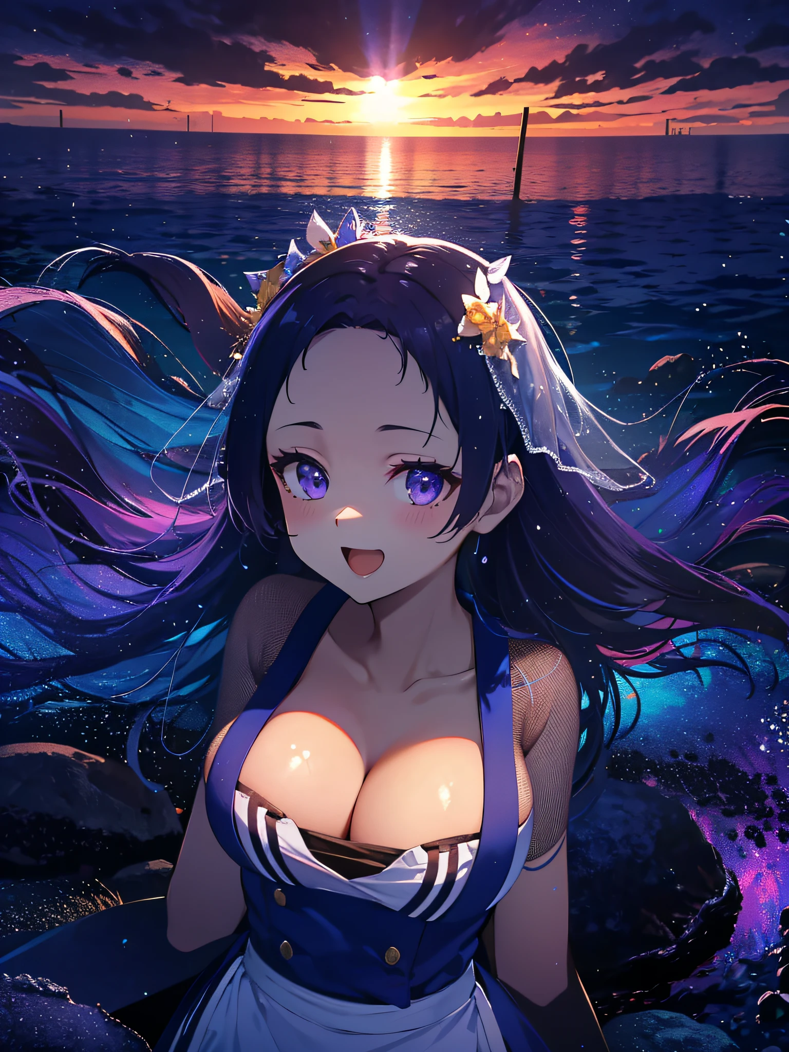(masutepiece:1.3), (Best Quality:1.3), High resolution, Couboy Shot, Turning-sama pose、Stick out the chest.、I have a big smile on my face.、surprised expression、Retro cityscape、Spread your arms、Hair color is purple、Long hair、Blue Mesh、blacklight、Squat position、Vivid sea、Iridescent Sea、huge smile、Spectacular background、The sun's rays illuminate her so beautifully, (One Cute Girl:1.3), 、Long hair, Hair so thick that you can see your forehead, Best size breast, Swim in the sea、Spectacular sunlight seen from the deep sea、Light purple dress, Waist apron, White pantyhose