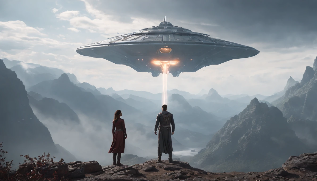A couple Fighter Spaceship flying over a silhouette of a father and daughter from Vietnam who are standing on a mountain with the wind blowing the daughters hair and the fathers jacket, concept art wallpaper 4k, sci-fi fantasy wallpaper, sci fi artwork, detailed sci-fi art, beautiful sci fi art, spaceships in the cloudy sky, concept art artwork masterpiece, concept art 4k, concept art 4 k, sci fi concept art, mystical sci-fi concept art