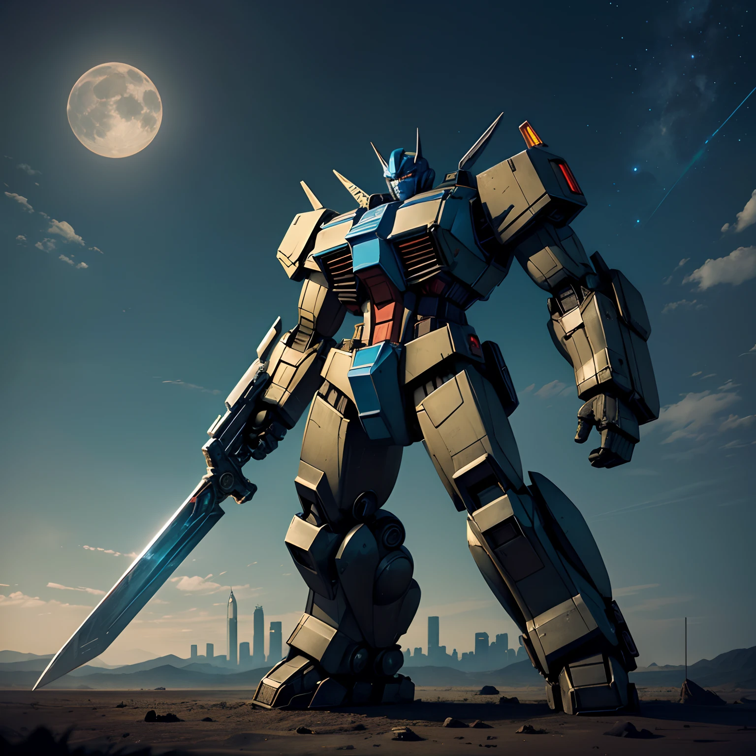 Standing on the Earth's atmosphere, the skyscraper-sized Transformers robot, Optimus Prime, holds a sword facing away from the viewer. The robotic form merges seamlessly with the skyline and takes on the appearance of a city skyscraper, proportionally correct to its surroundings. In the distance, the moonlit expanse of space appears infinite and somewhat ominous, adding to the scene's sense of isolation and helplessness. The image is infused with a sense of finality, reminiscent of an era's conclusion and a new one's dawning. The combination of elements creates a harmonious whole that is both mechanical and cinematic, embodying the spirit of Transformers while remaining true to the source material.