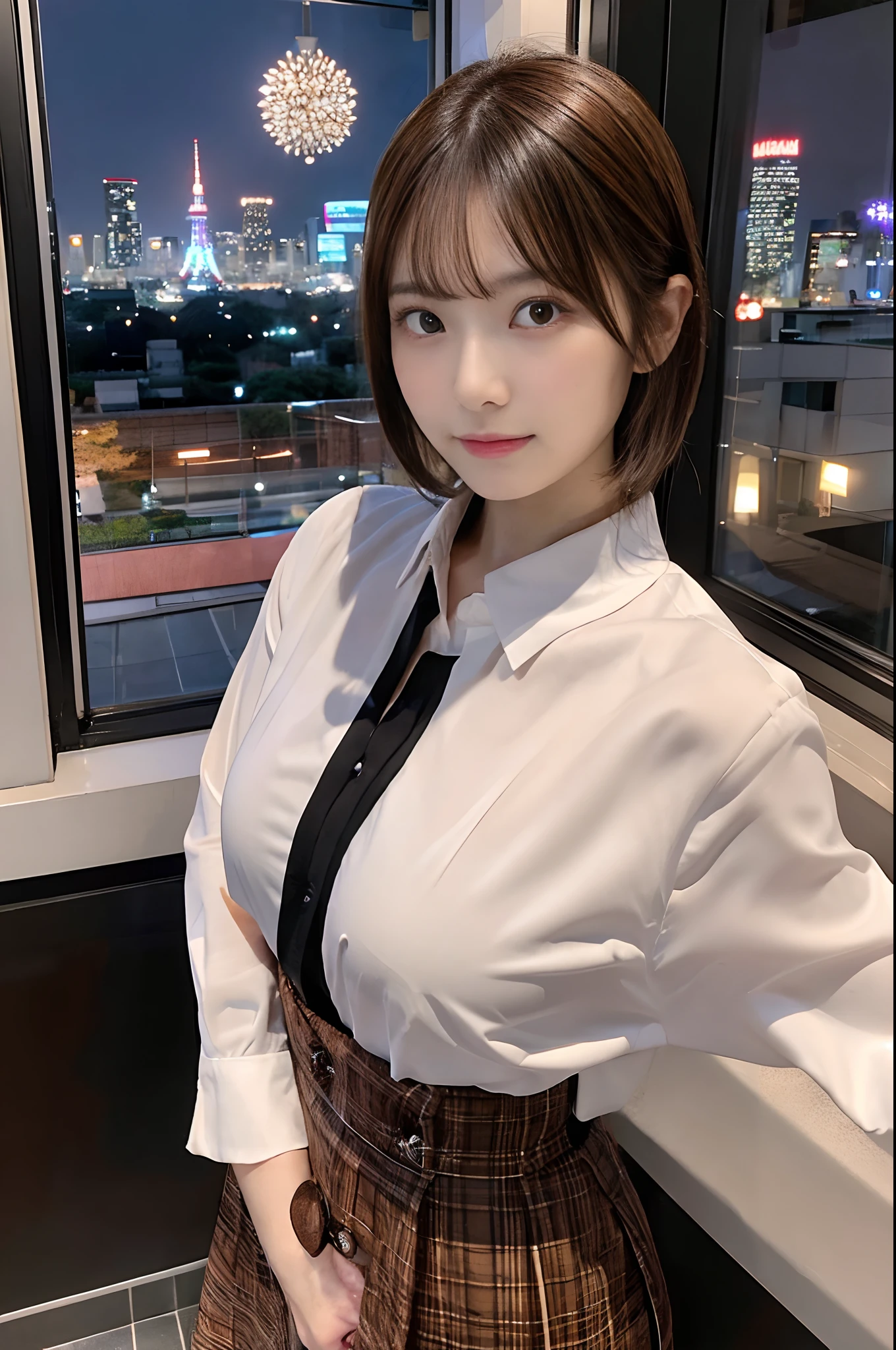 An ultra-high picture quality 4K picture quality 8K picture quality huge tit g-cup big breasts round breast beutiful breast 22year old japanes Brown hair short hair Beautie unclear a with round face Height 150 cm skinny legs Two arms Wearing a collared shirt that shows the bulge of the chest The crotch is hidden by a black miniskirt Standing in a luxury hotel room looking straight at me There is a window in the back where you can see the night view of Tokyo Tower Idol nogizaka