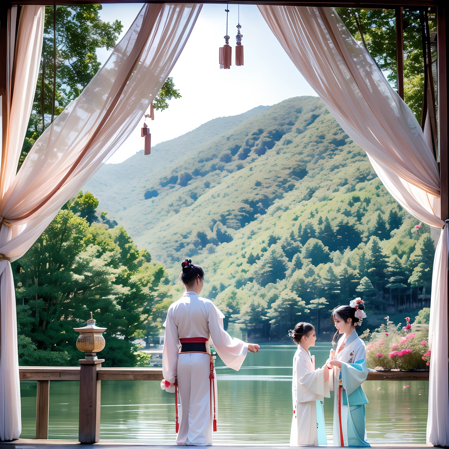 "An elegant and tranquil poster capturing a family of three in Hanfu attire amidst a serene landscape, inviting you to cherish moments together."