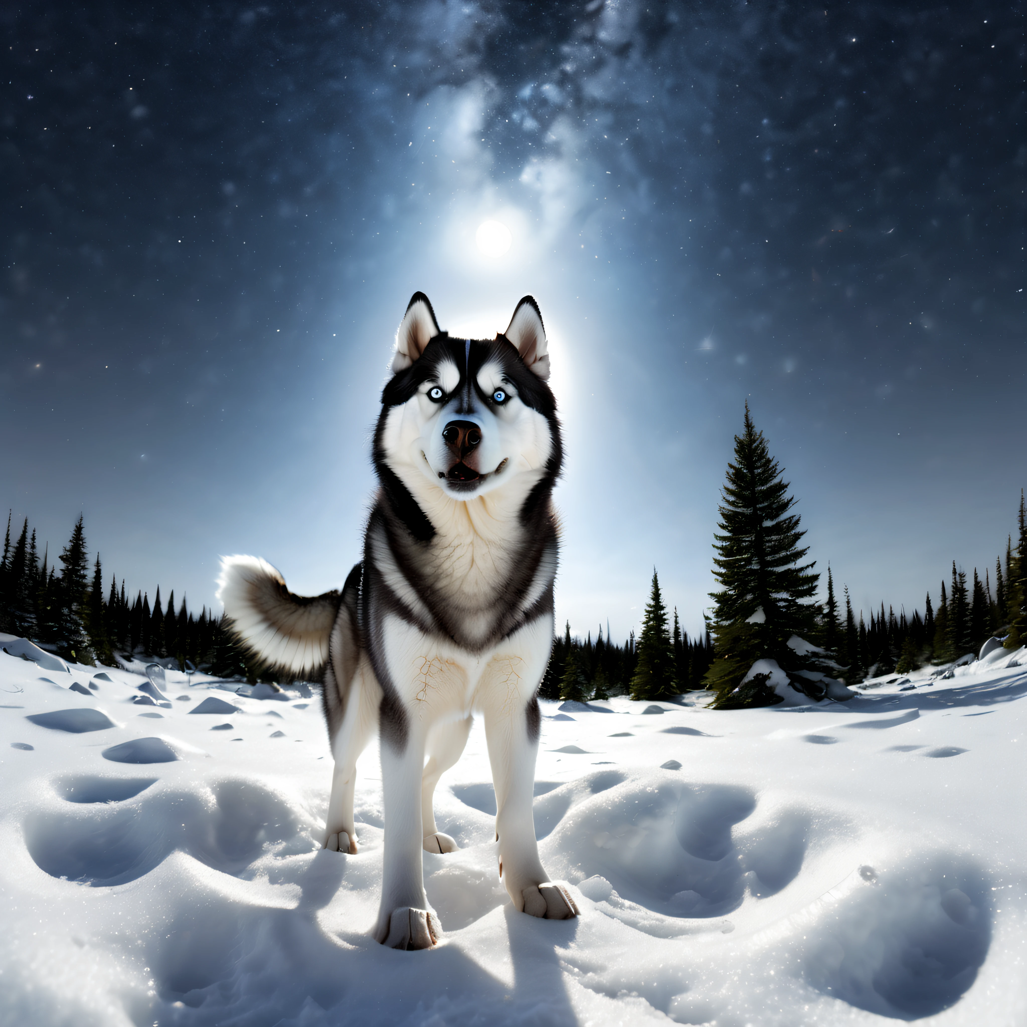 Husky Malamute howling Masterpiece pillar_of_the_universe nature snow deep path equirectangular optimal moon meticulously intricate ultra_high-detail ultra_high_resolution ultra pro-Photorealistic ultra_high_quality ultra_sharpness