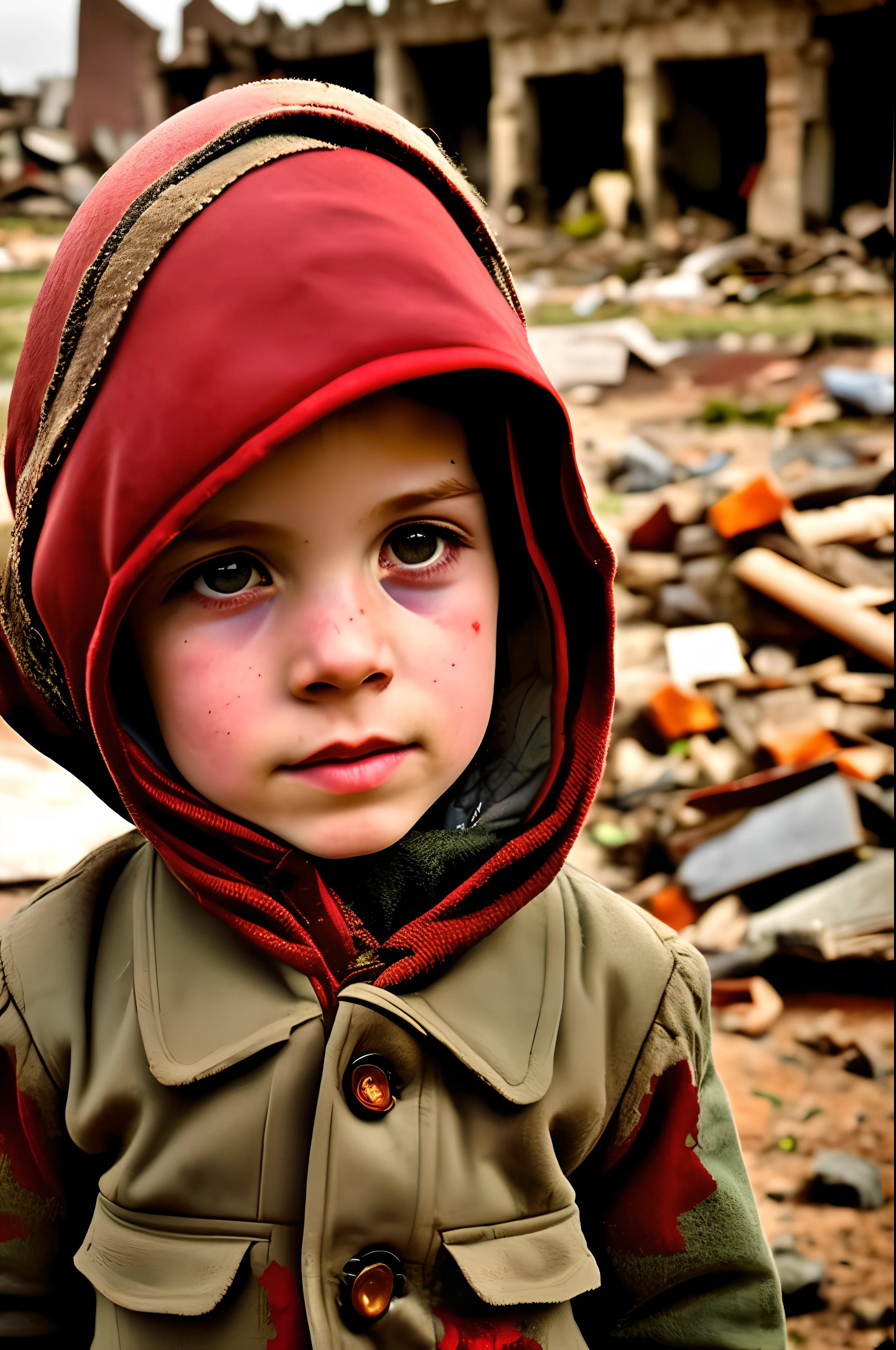 post-war setting(Post-war background)
destroyed city(destroyed city)
ruins(废墟)
debris(rubble)
bloodstains(blood stain)
bullet holes(bullet holes)
children in need(Children in distress)
hopeless expression(Hopeless expression)
empty stare(Empty eyes)
tears(teardrop)
sense of loss(Loss)
sense of abandonment(Feeling abandoned)
sense of hopelessness(Sense of hopelessness)
pathos(sorrowful)
desolation(desolated)
forlorn(Lonely)
gloom(gloomily)
doleful(Sad)
mournful(Sadgy)
wretched(wretched)
dejected(Frustrated)
despair(be desperate)A group of helpless post-war children