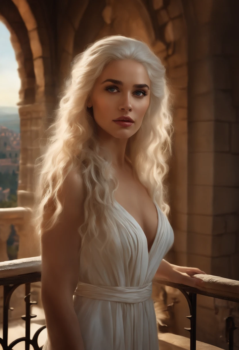 NSFW, naked, nude, Full Shot Solo Portrait Photo [Alisha Lehmann] as [Daenerys Targaryen] as a real-life version of (Daenerys Targaryen), targaryen white hair, with (naked), sshowing her pussy, open legs pose, naked pussy, (sexy cleavage),deep neckline, wonderful breasts, charming smile, medieval castle background, by Hubert Robert and Alex Timmermans Intricate photorealistic style photography, very realistic and very detailed, sharp focus on eyes, cinematic lighting