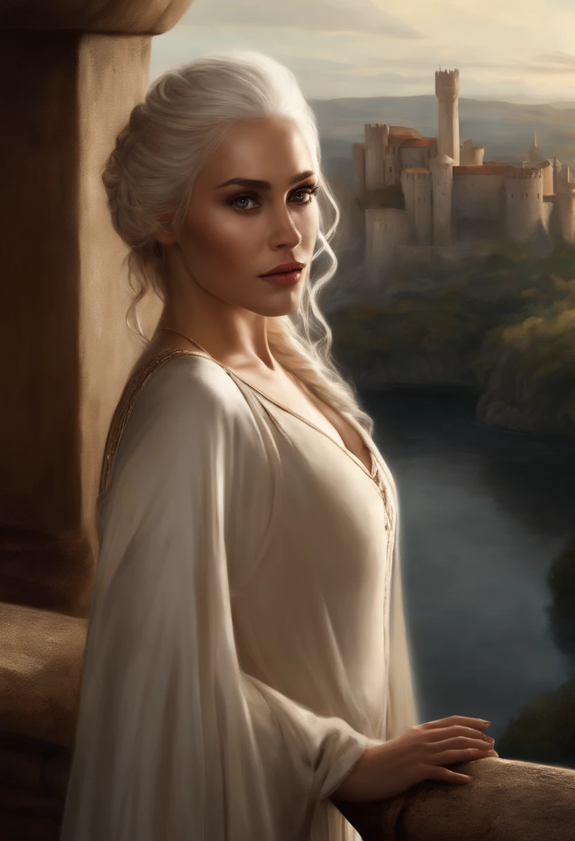 oil painted (koh_Emilia Clark), (Long hair:1.1), (Standing on Balcony), (White tunic:1.1), perfect thighs, (Game of Thrones castle in the background:1.2), Atmospheric lighting, Cinematic composition, concept-art, Digital illustration, Detailed, fine art：Brian M Viveros、Maciej Kuciara和Mark Keathley, Natural light, 4K, high detal, ((Perfect eyes)), (Detailed pupils), Dimly lit, (White hair:1.3)